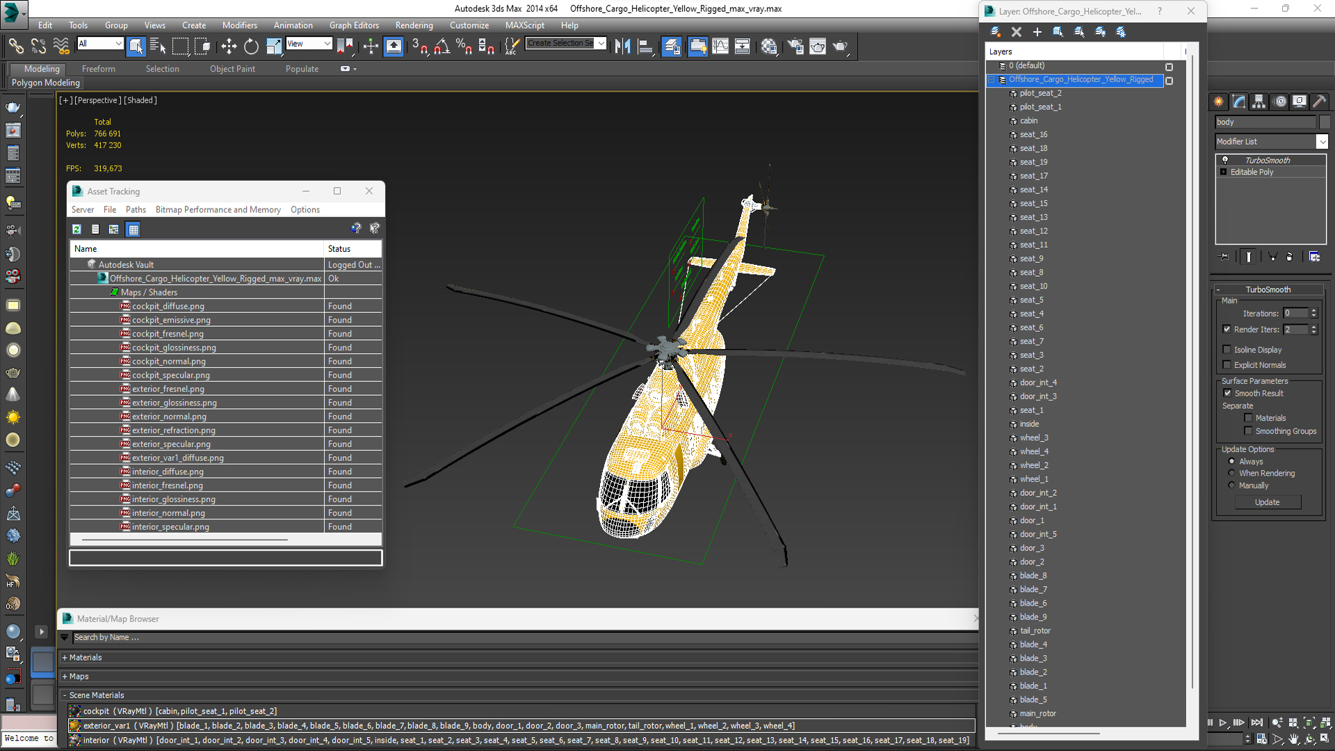 3D Offshore Cargo Helicopter Yellow Rigged for Maya model