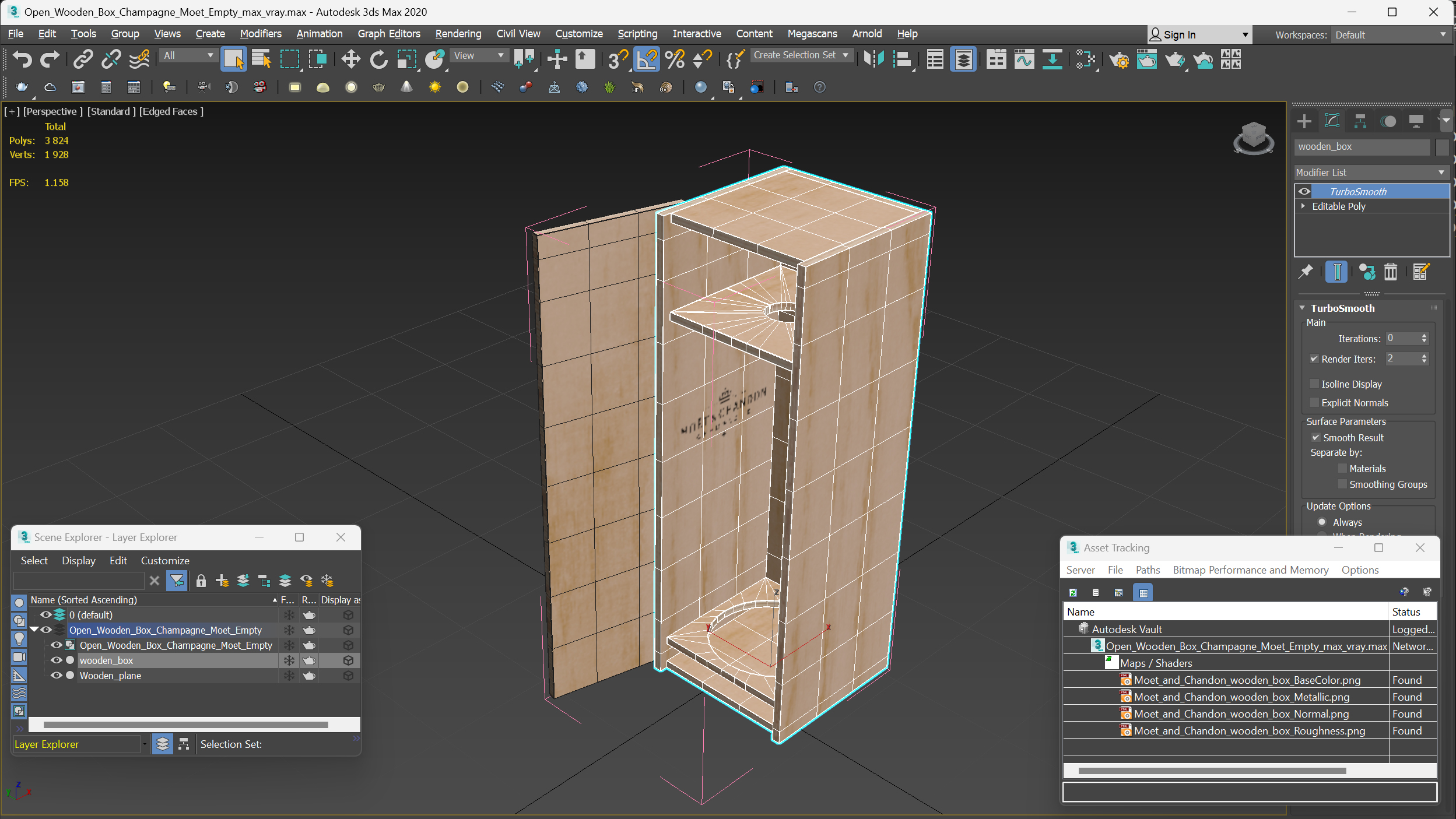 3D Open Wooden Box Champagne Moet Empty