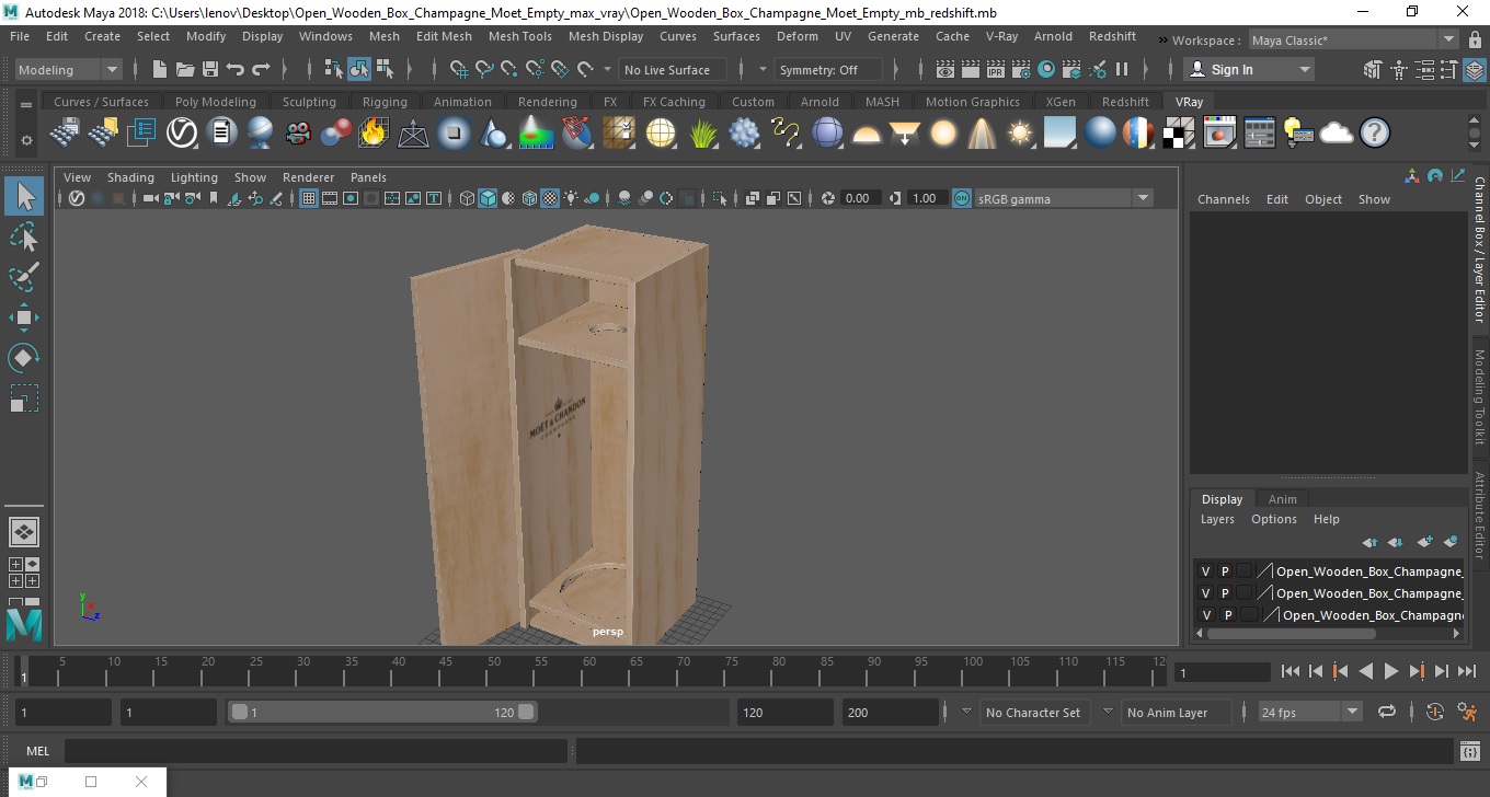 3D Open Wooden Box Champagne Moet Empty