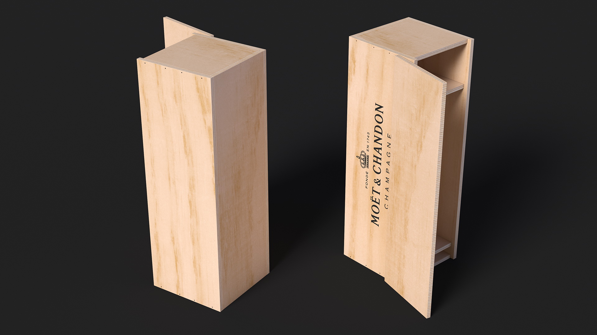 3D Open Wooden Box Champagne Moet Empty