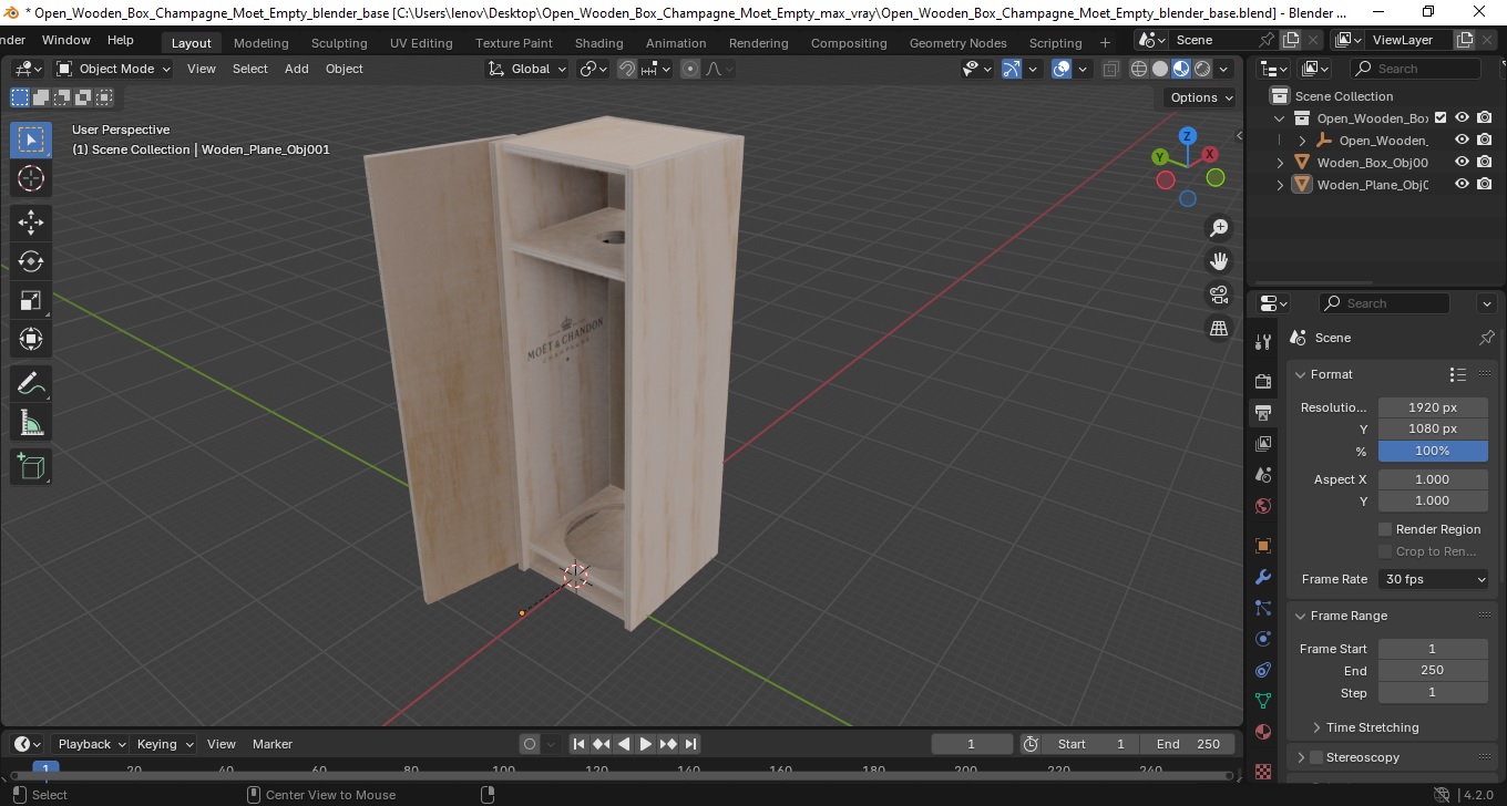3D Open Wooden Box Champagne Moet Empty