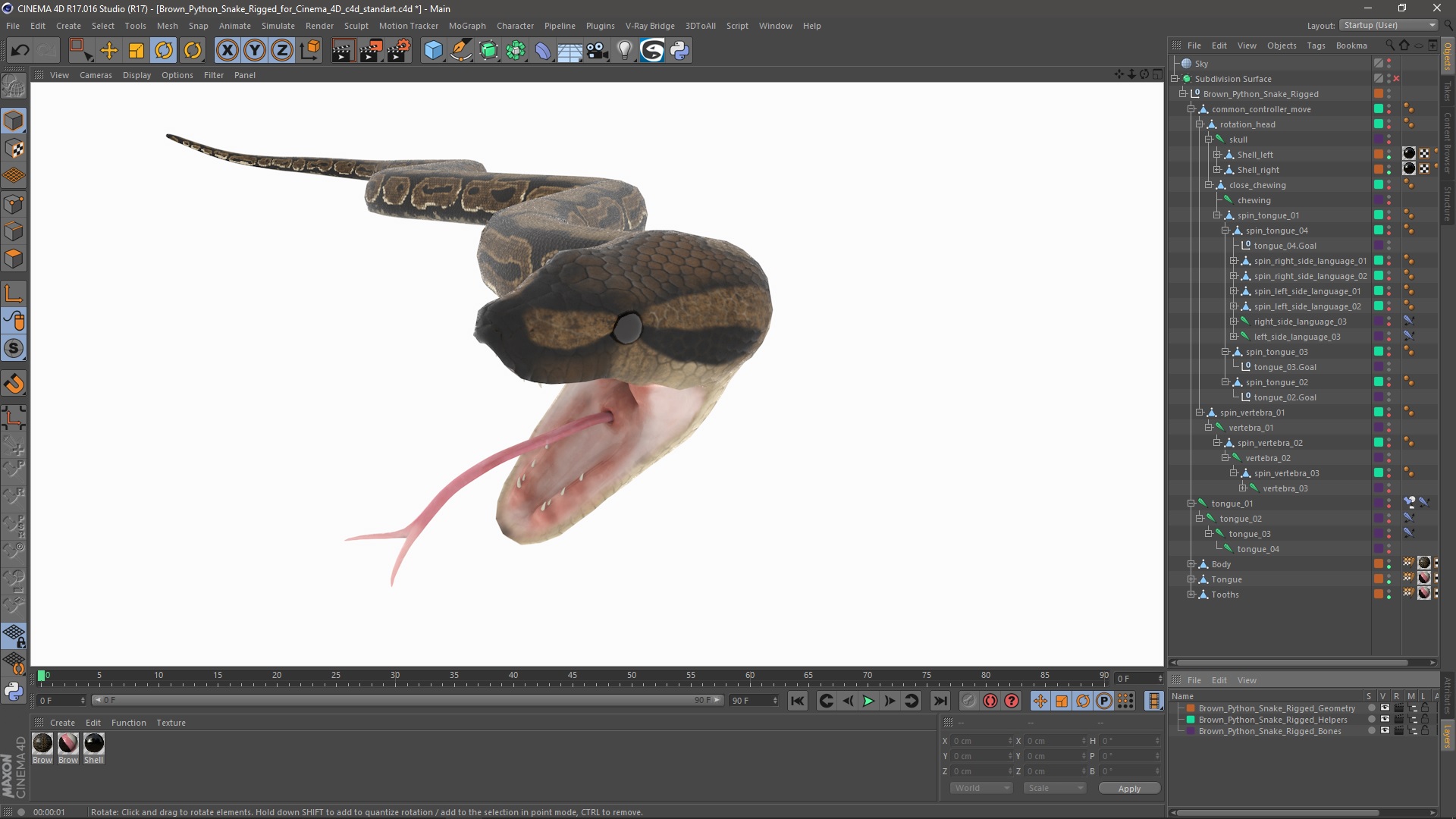 Brown Python Snake Rigged for Cinema 4D 3D model