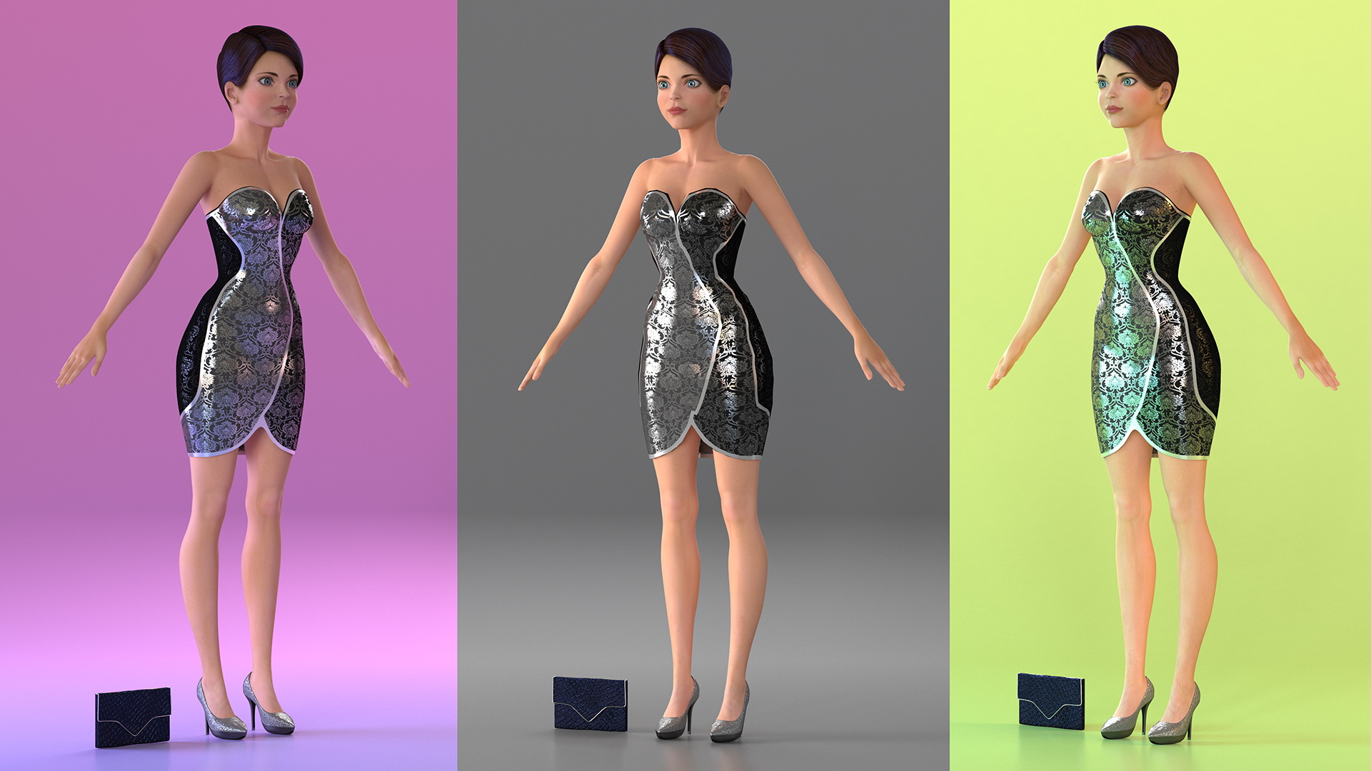 Cartoon Young Girl Party Clothes T-Pose 3D model