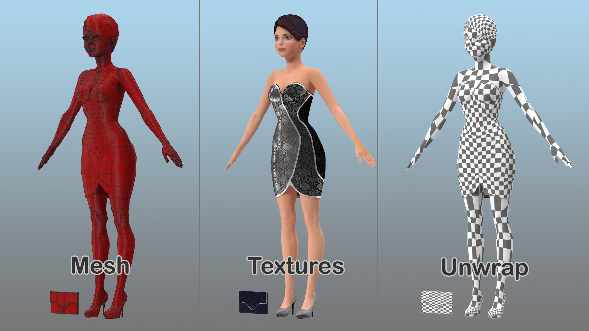 Cartoon Young Girl Party Clothes T-Pose 3D model