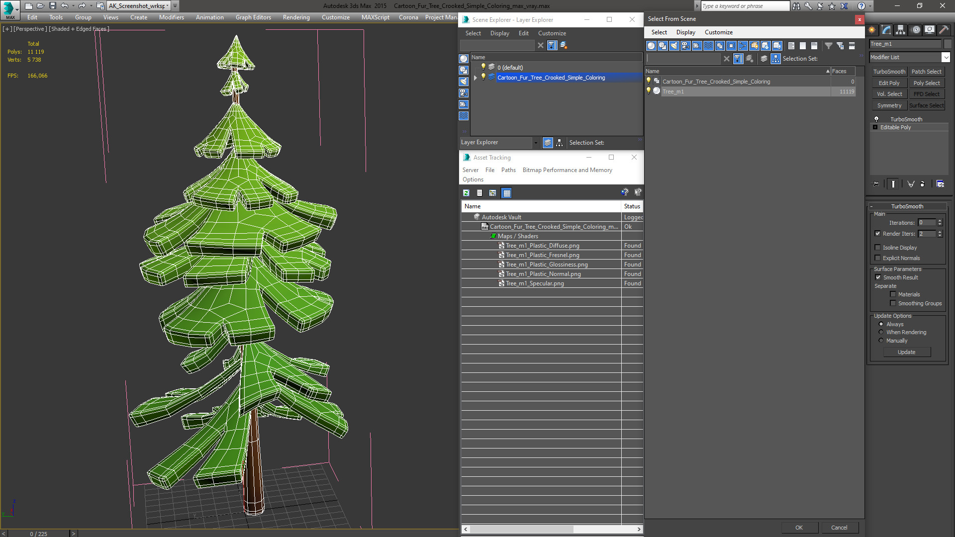 3D model Cartoon Fur Tree Crooked Simple Coloring