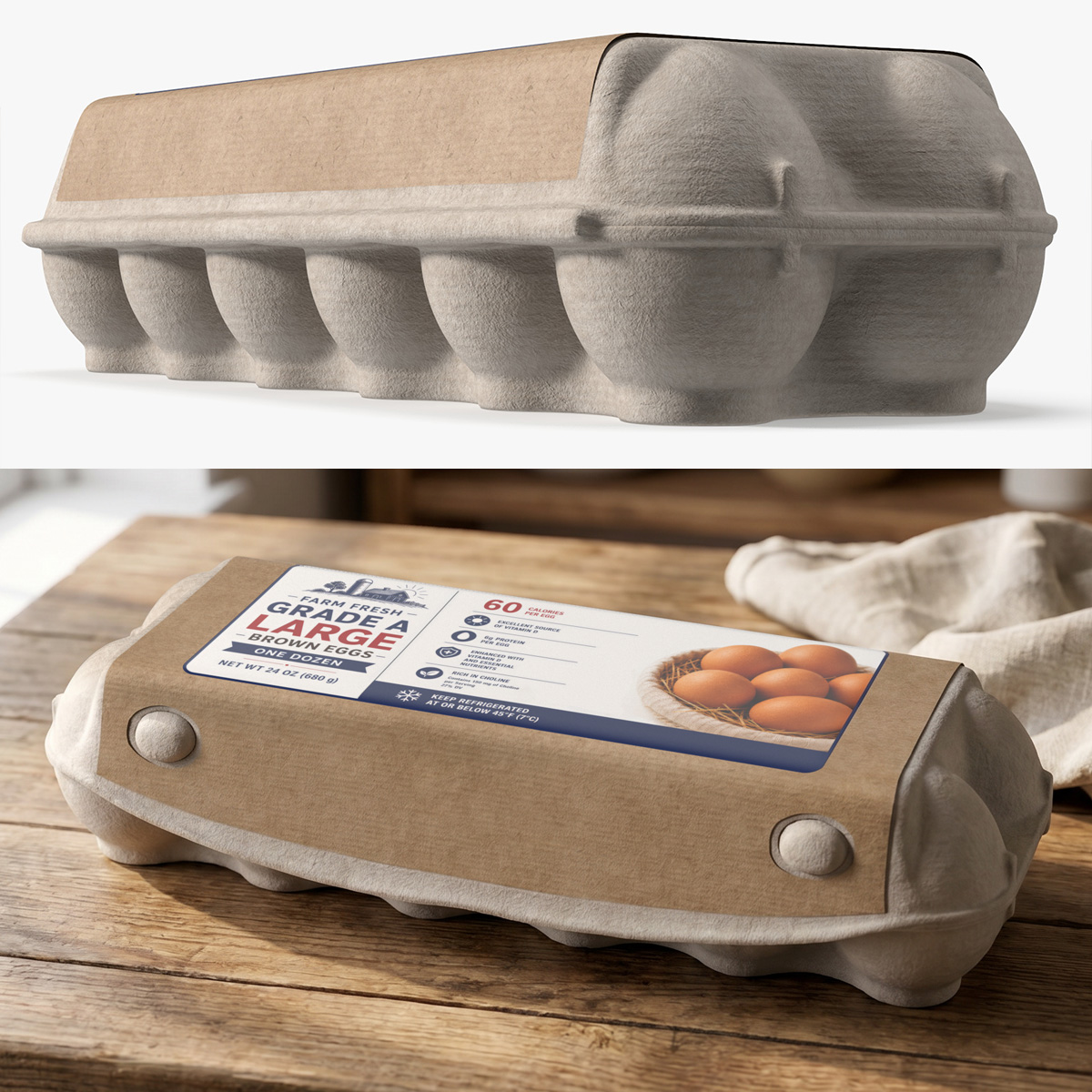 Molded Fiber Dozen Egg Carton Gray 3D model preview