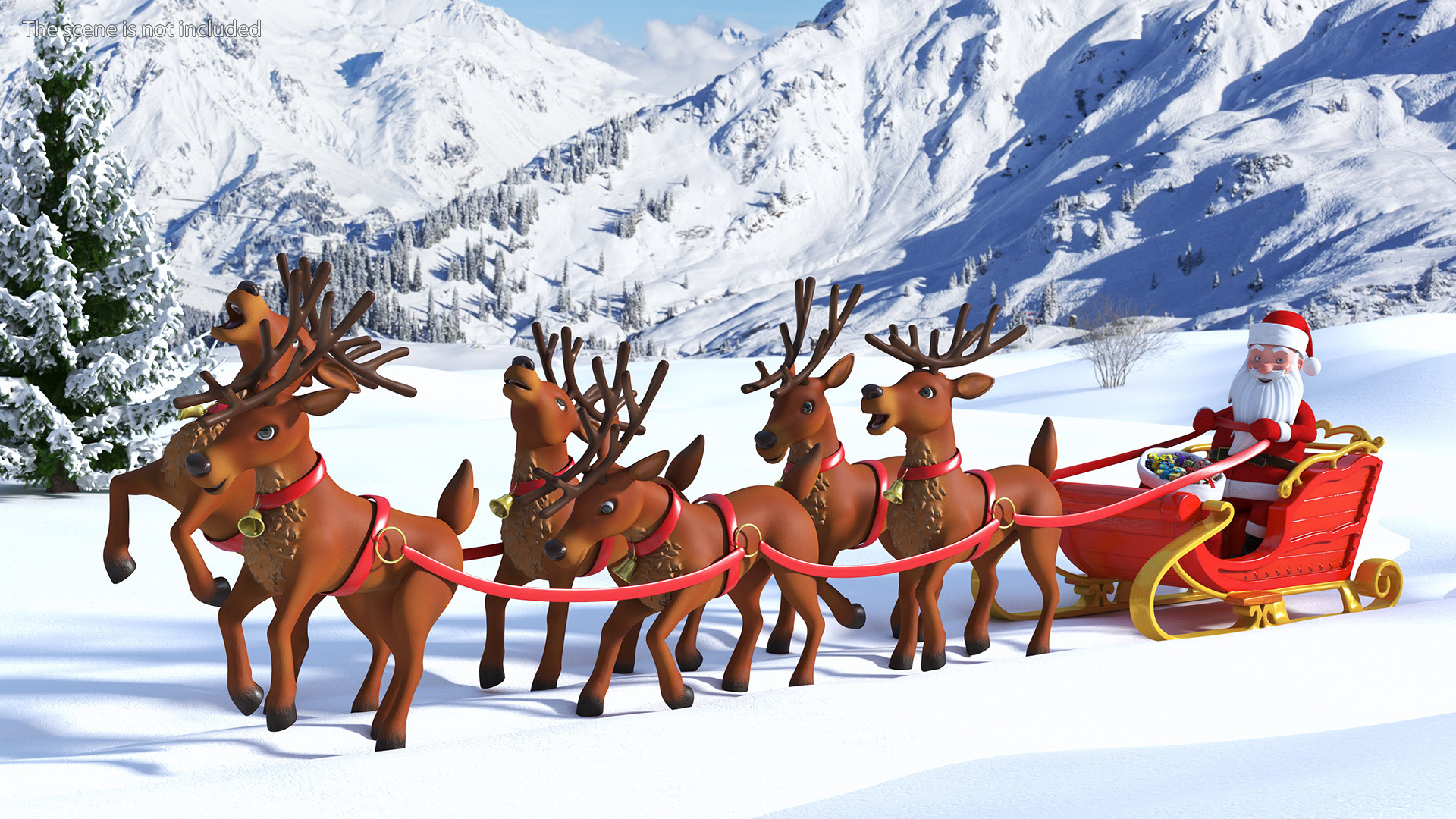 Santa Claus Deer Sleigh Standing 3D