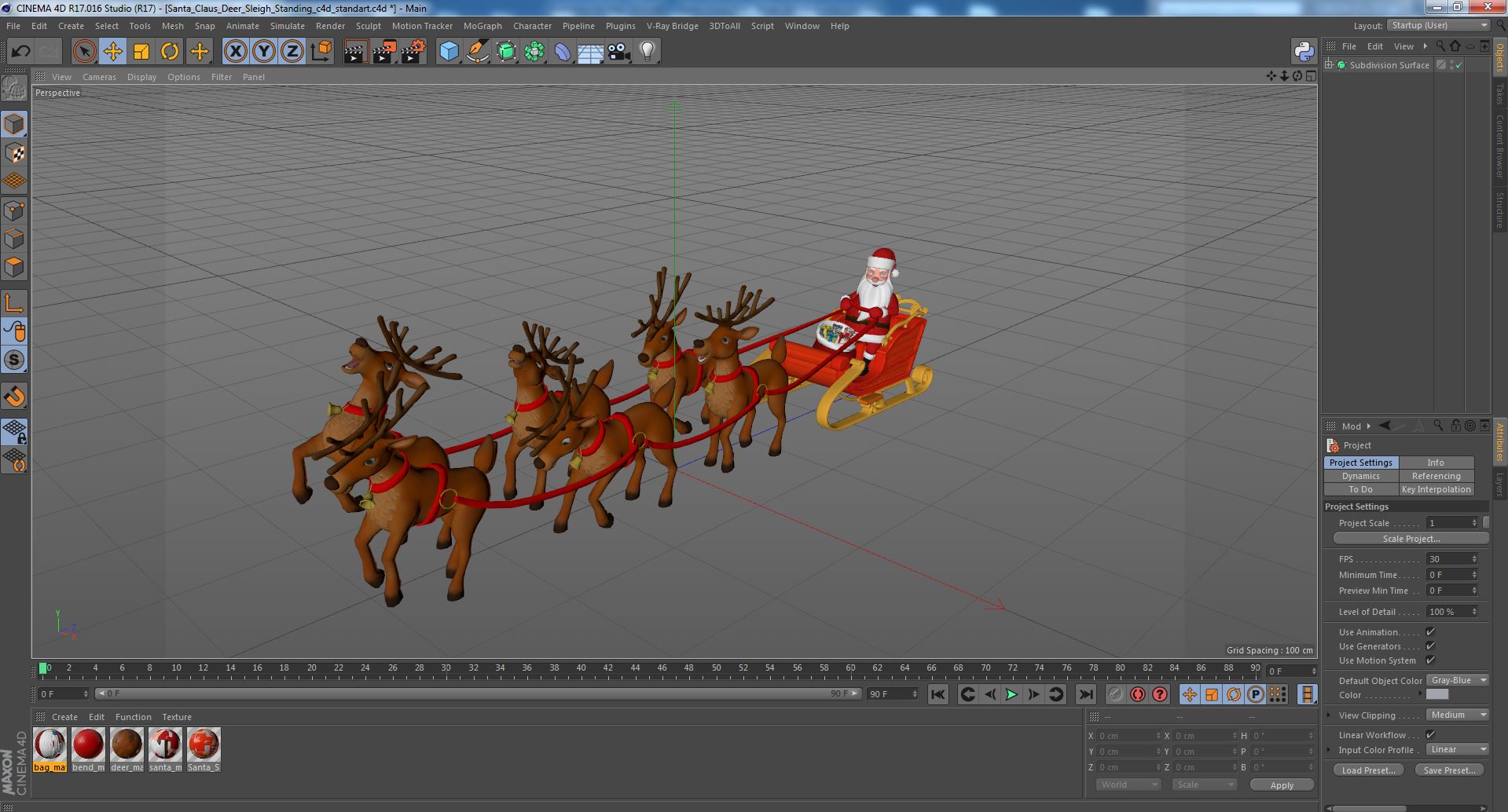 Santa Claus Deer Sleigh Standing 3D