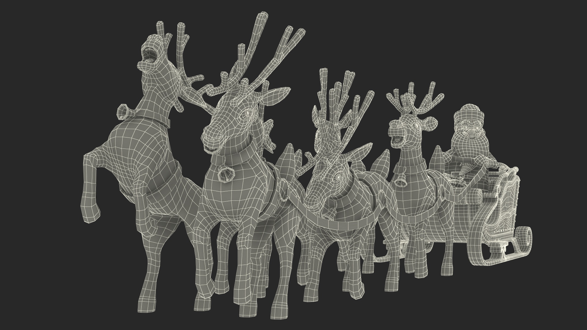 Santa Claus Deer Sleigh Standing 3D