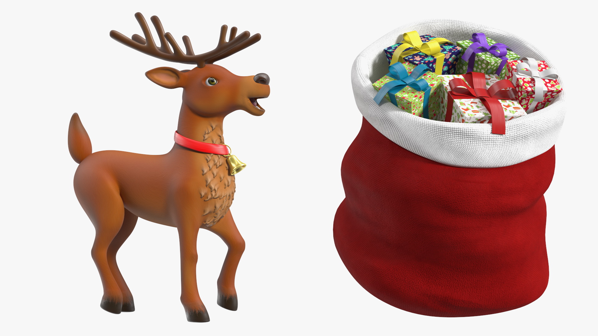 Santa Claus Deer Sleigh Standing 3D