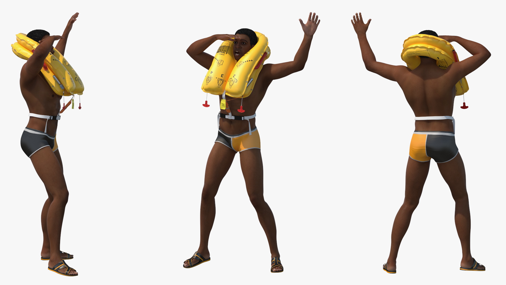 3D model Man in Life Vest on Inflatable Raft