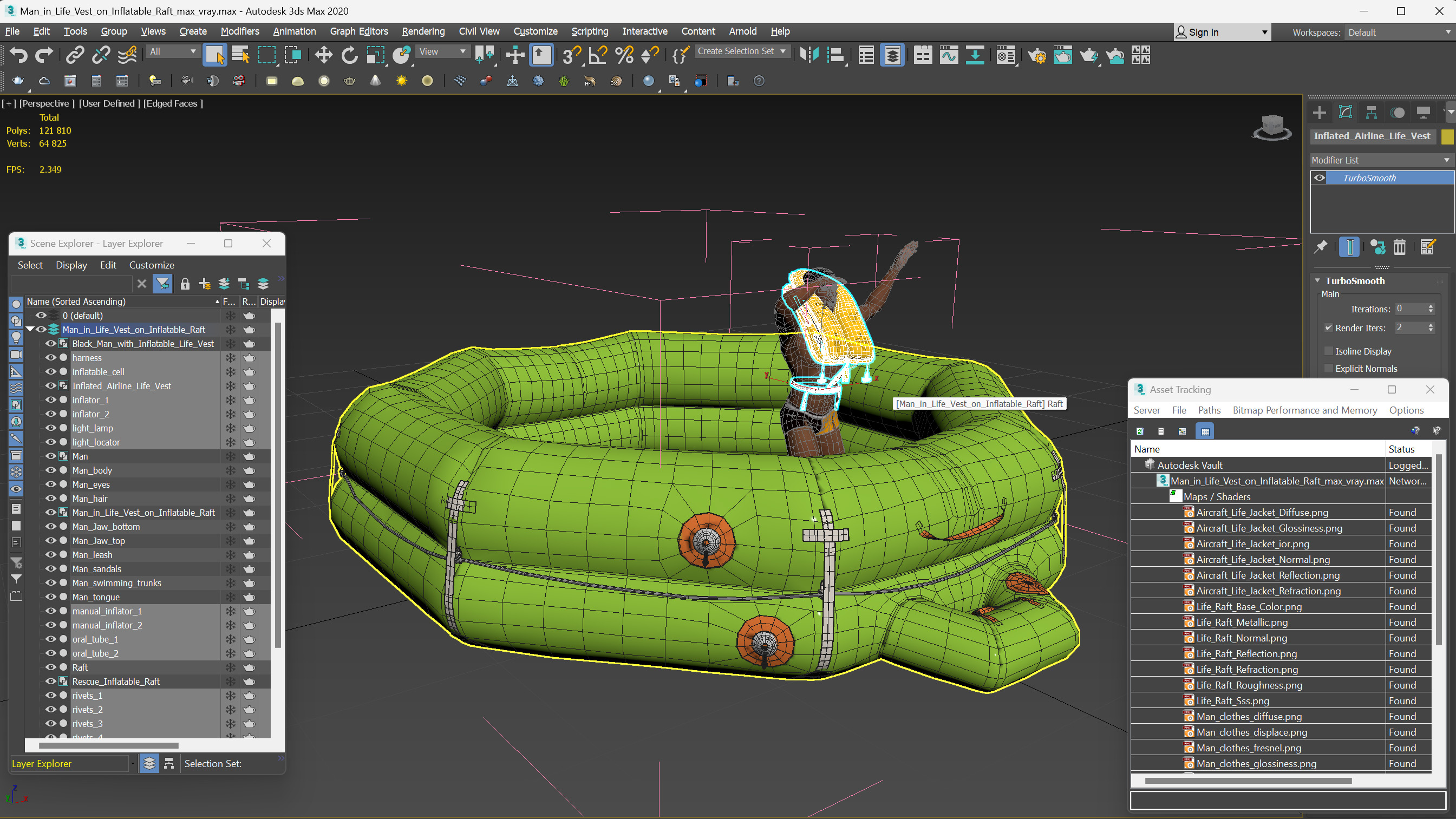 3D model Man in Life Vest on Inflatable Raft
