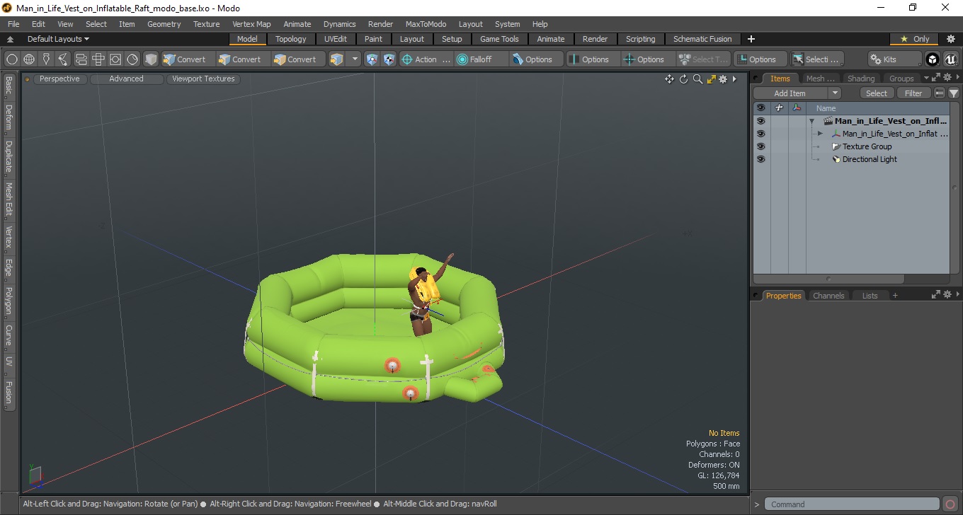 3D model Man in Life Vest on Inflatable Raft