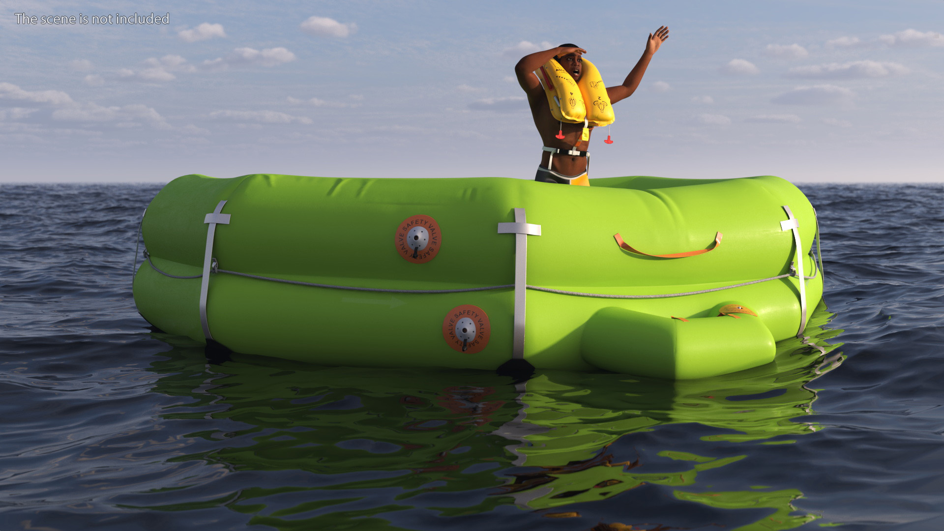 3D model Man in Life Vest on Inflatable Raft