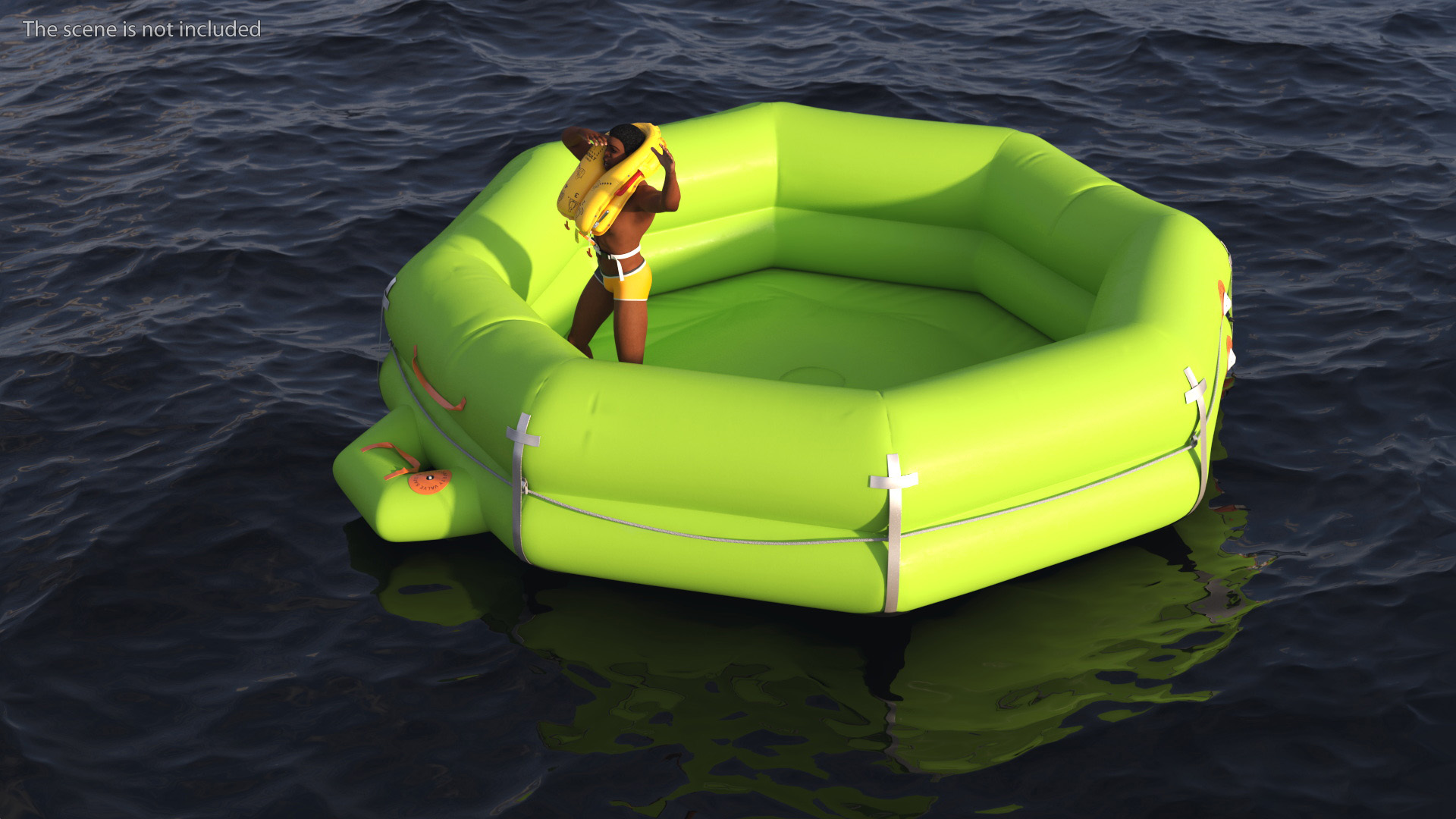 3D model Man in Life Vest on Inflatable Raft