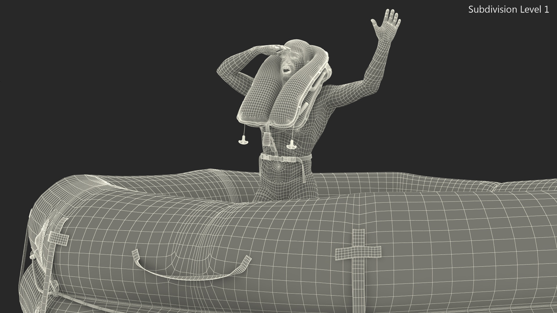 3D model Man in Life Vest on Inflatable Raft