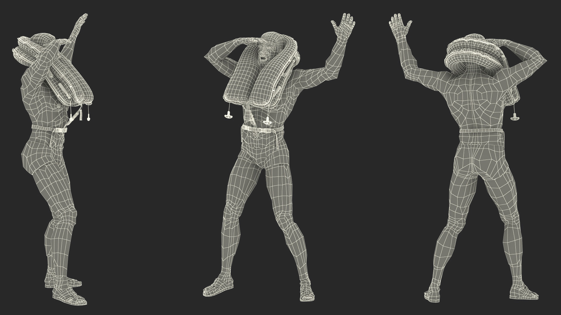 3D model Man in Life Vest on Inflatable Raft
