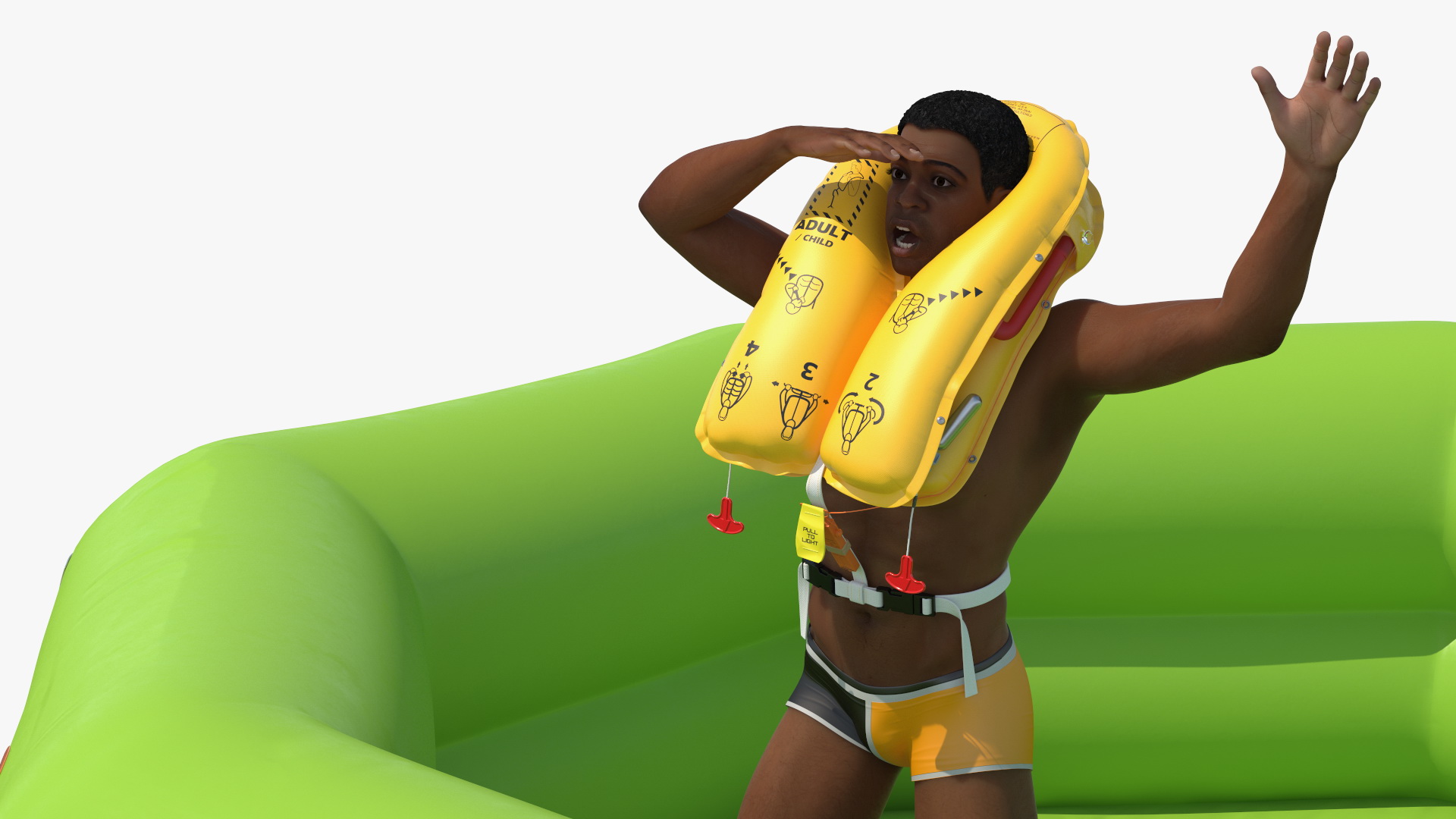 3D model Man in Life Vest on Inflatable Raft