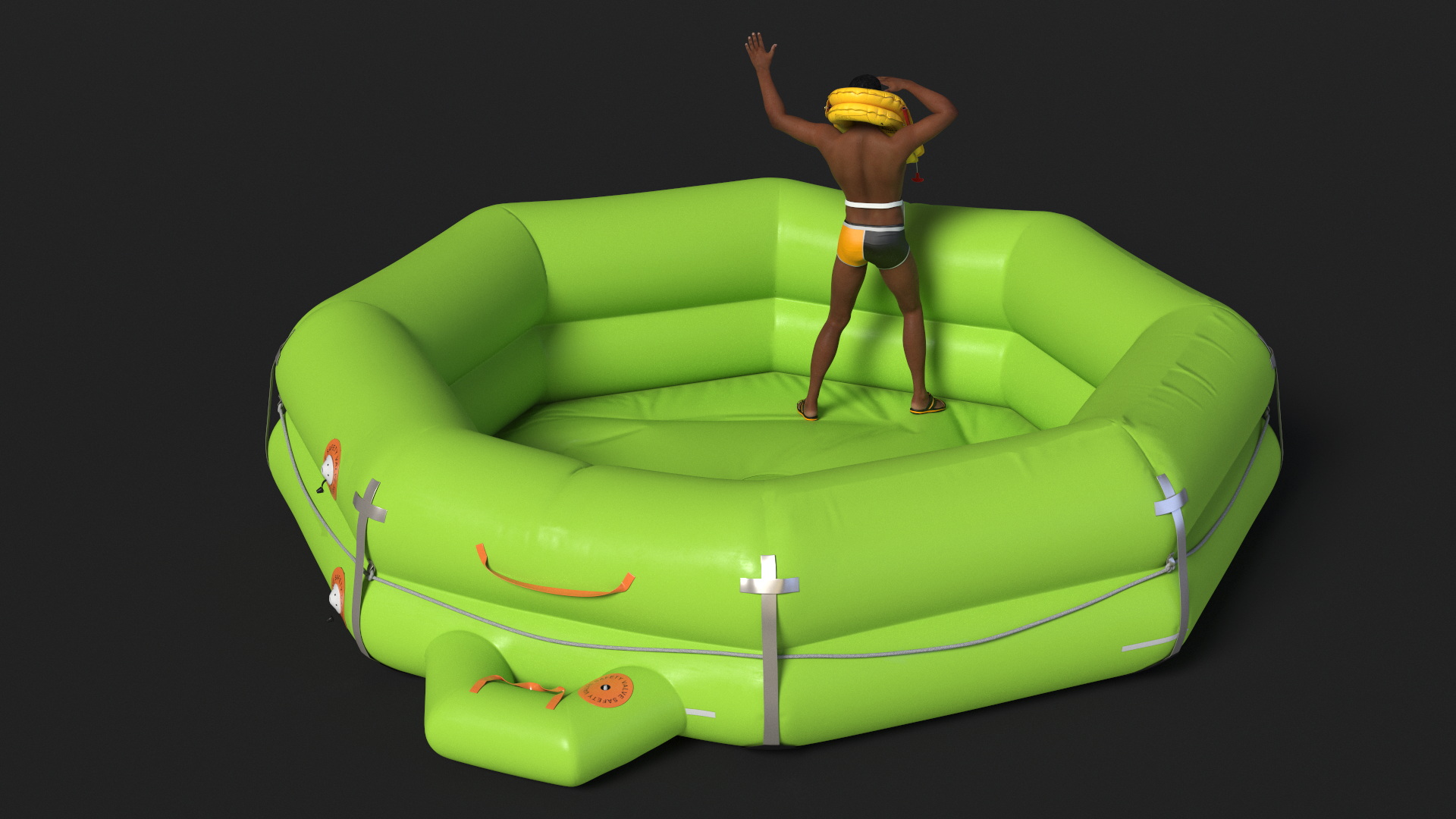 3D model Man in Life Vest on Inflatable Raft