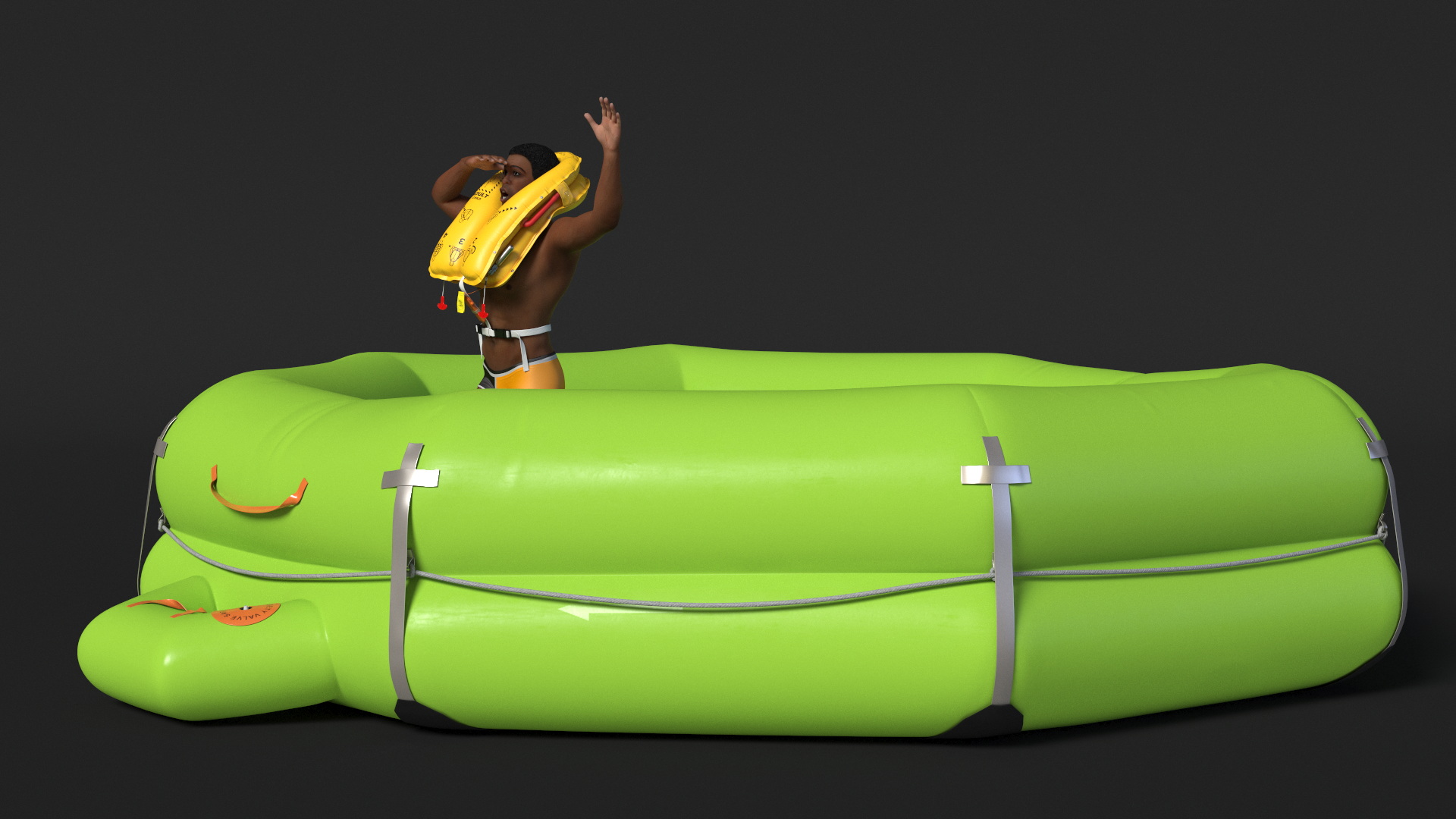 3D model Man in Life Vest on Inflatable Raft