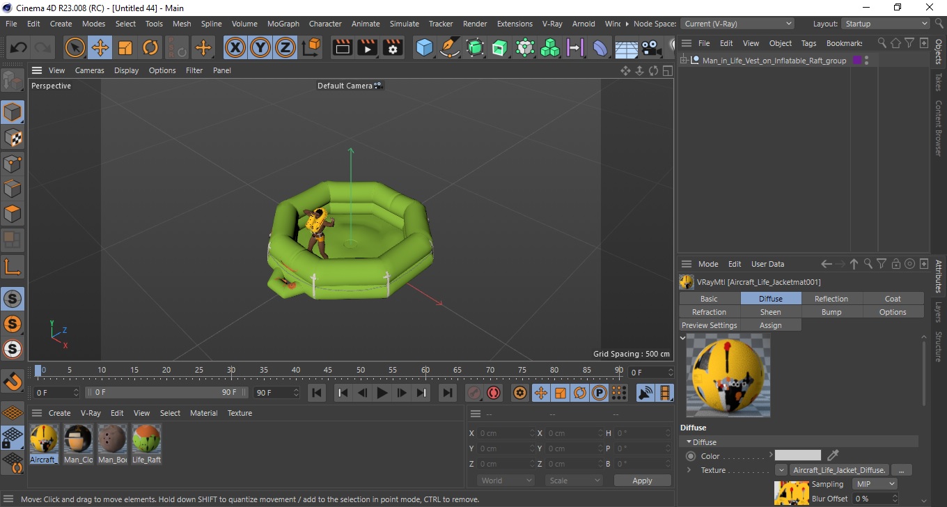 3D model Man in Life Vest on Inflatable Raft