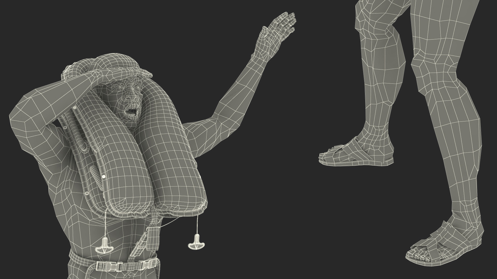 3D model Man in Life Vest on Inflatable Raft