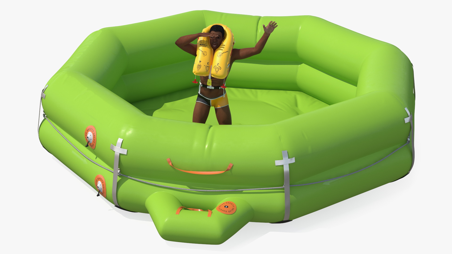 3D model Man in Life Vest on Inflatable Raft