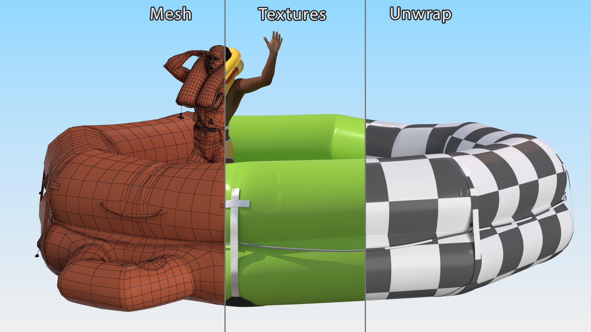 3D model Man in Life Vest on Inflatable Raft