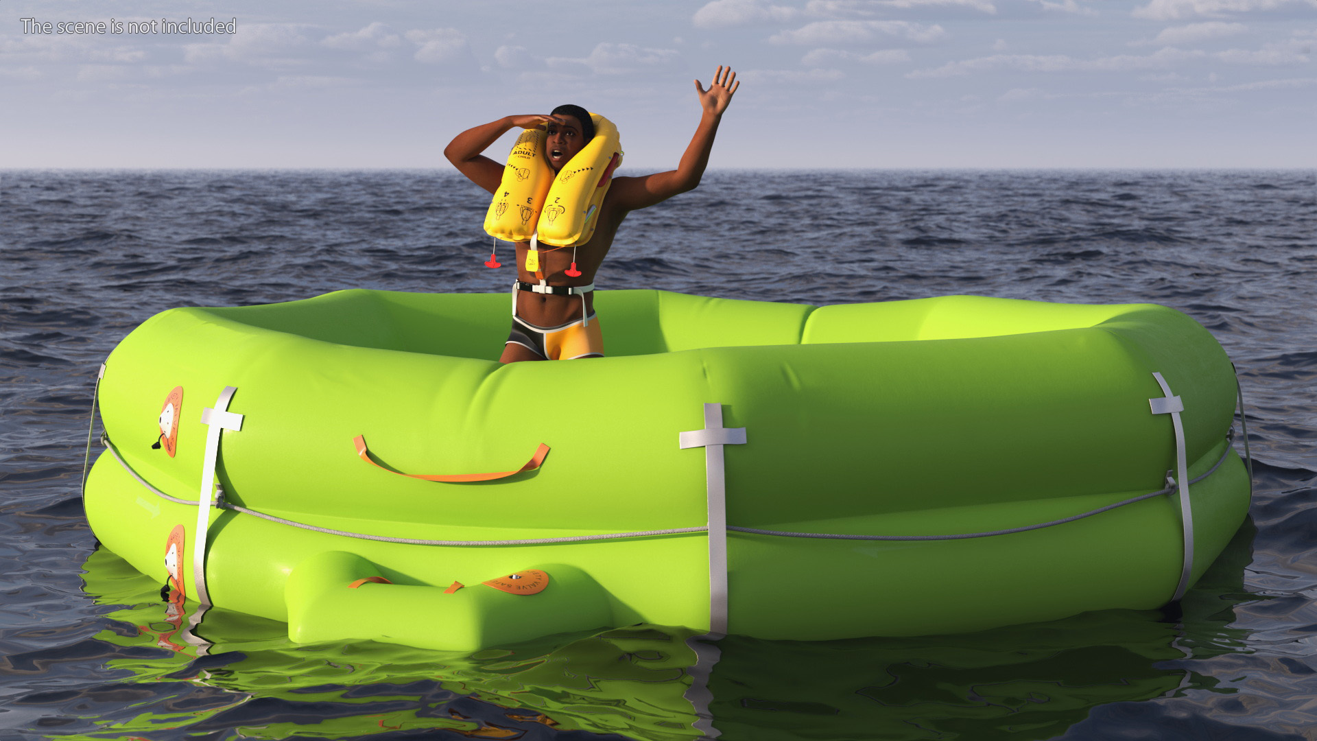 3D model Man in Life Vest on Inflatable Raft