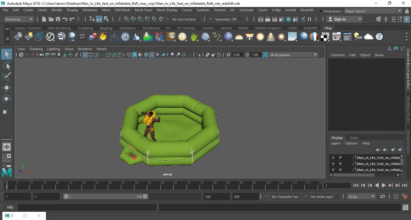 3D model Man in Life Vest on Inflatable Raft