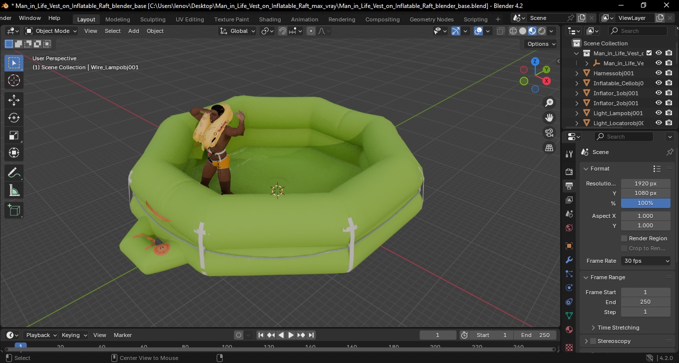 3D model Man in Life Vest on Inflatable Raft