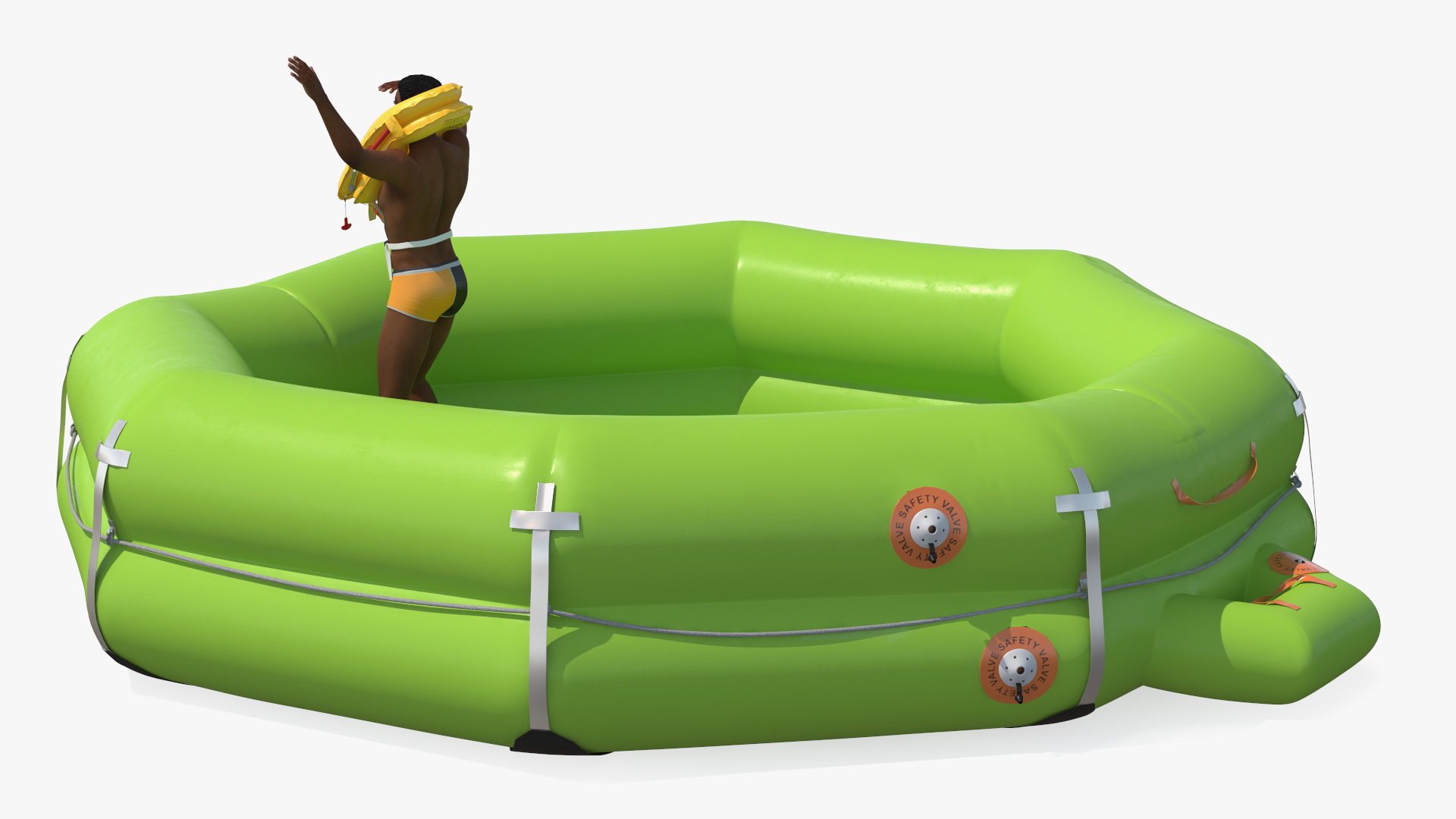 3D model Man in Life Vest on Inflatable Raft