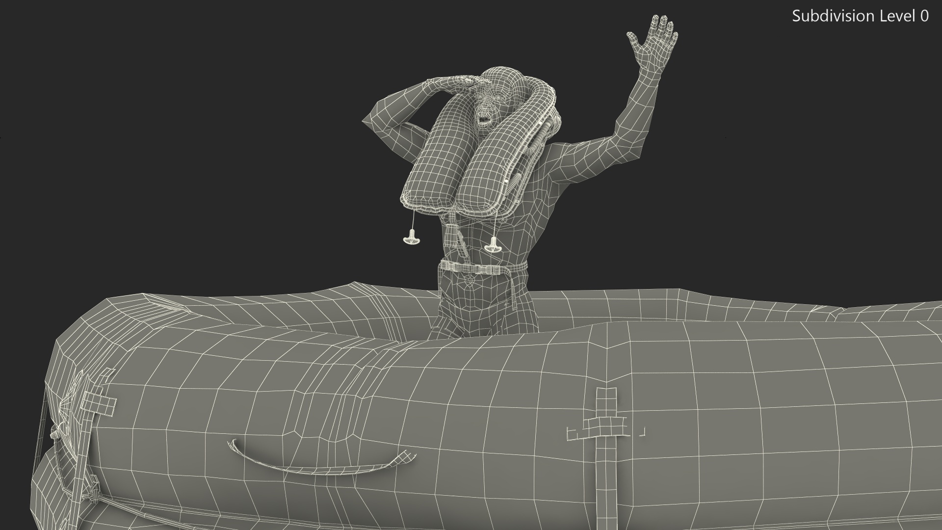 3D model Man in Life Vest on Inflatable Raft
