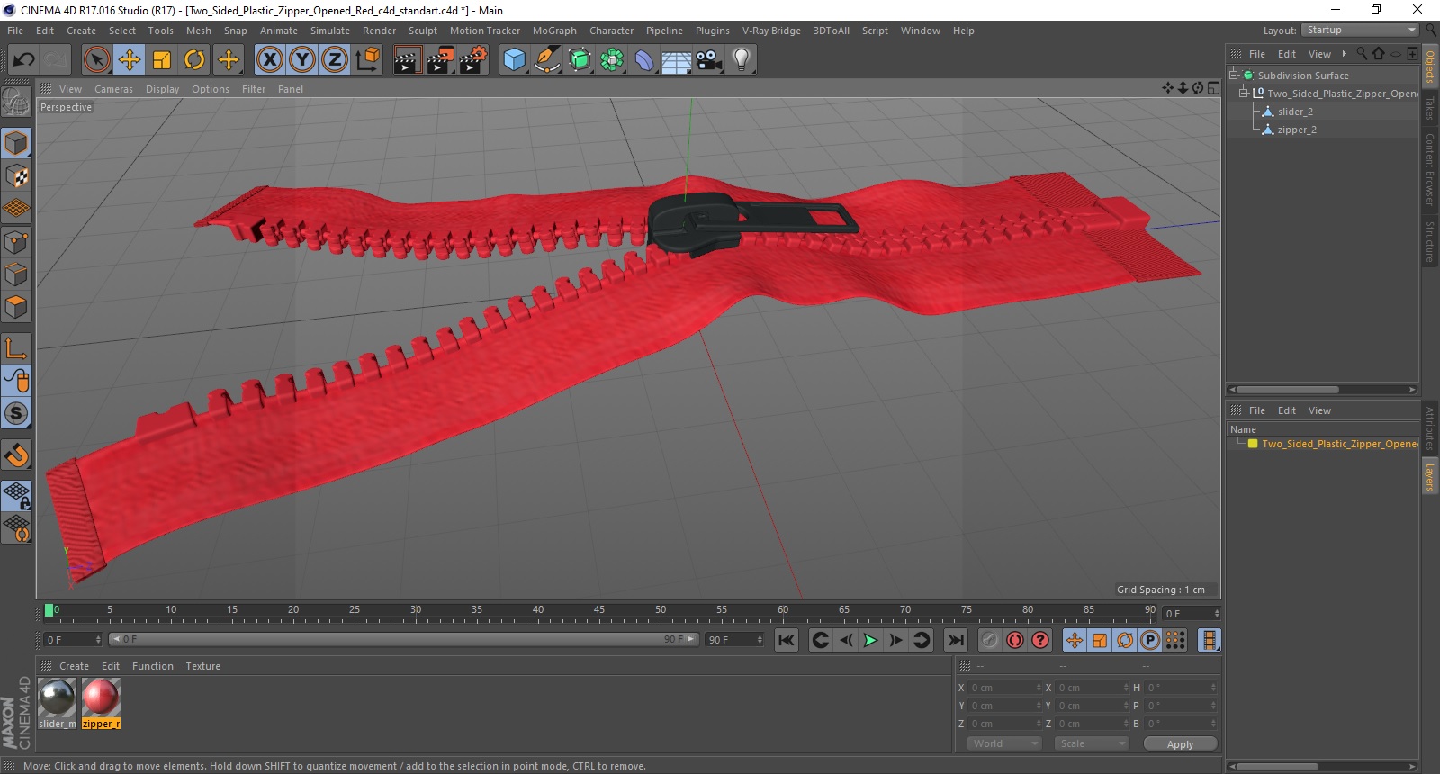 3D model Two Sided Plastic Zipper Opened Red