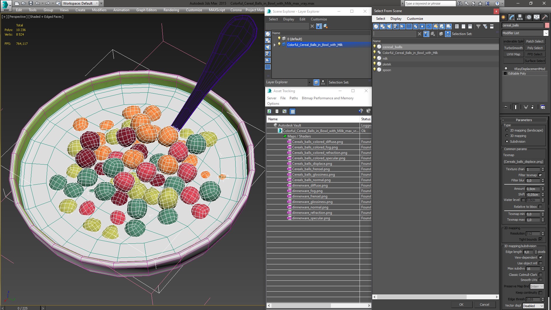 Colorful Cereal Balls in Bowl with Milk 3D model
