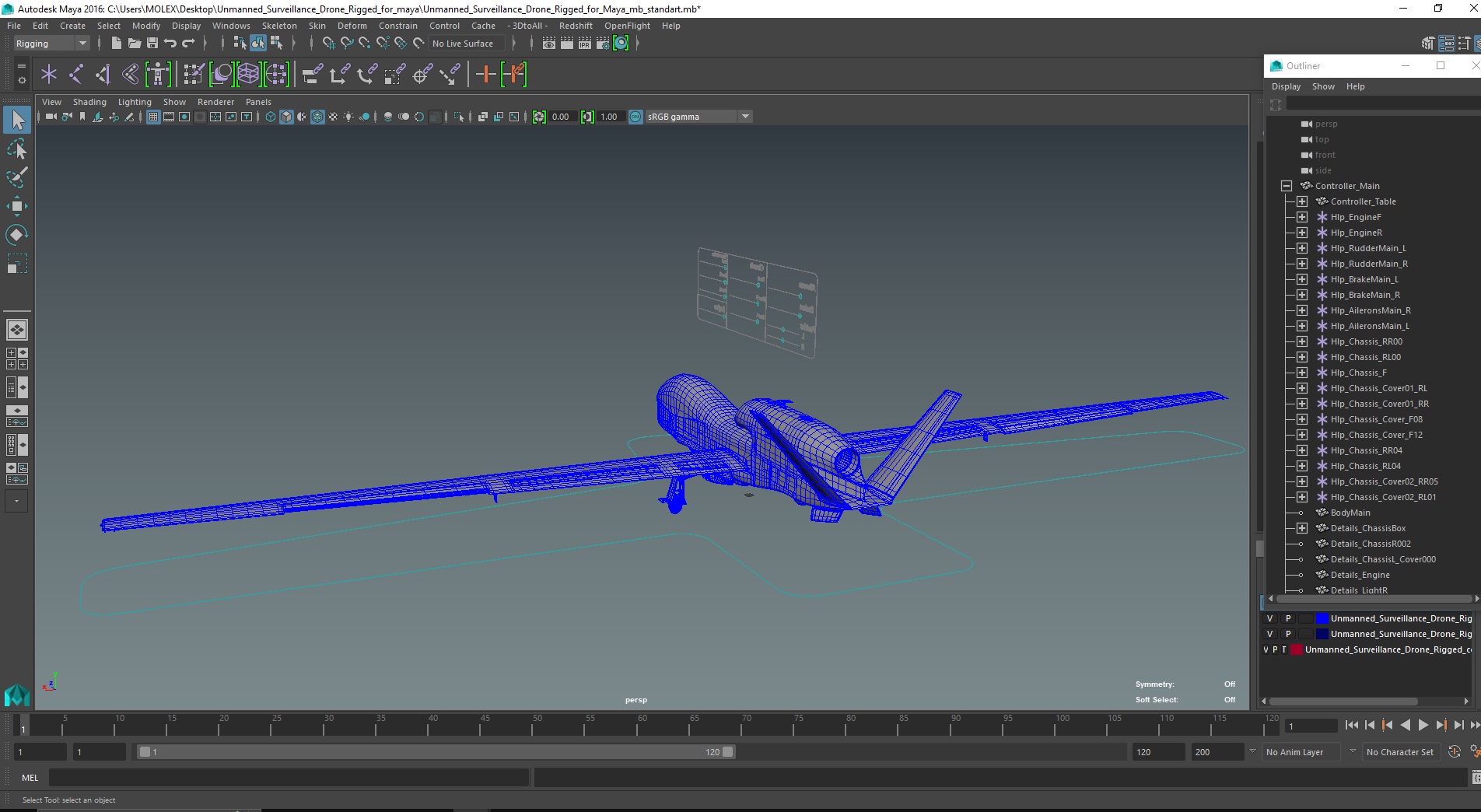 3D Unmanned Surveillance Drone Rigged for Maya model