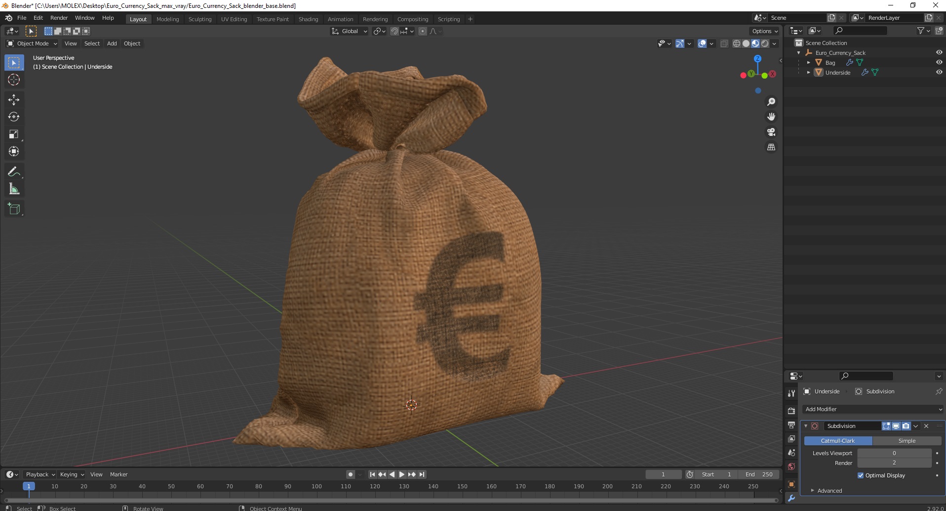3D Euro Currency Sack model