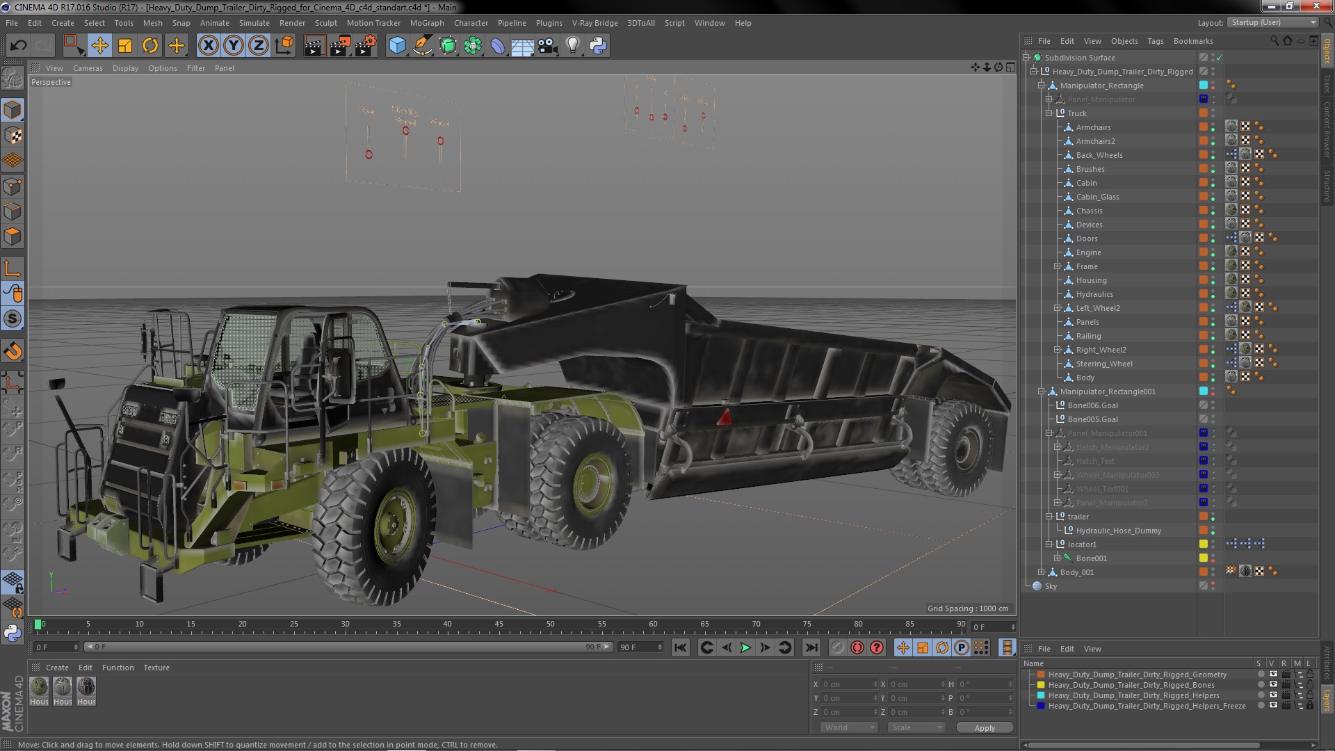 3D model Heavy Duty Dump Trailer Dirty Rigged for Cinema 4D