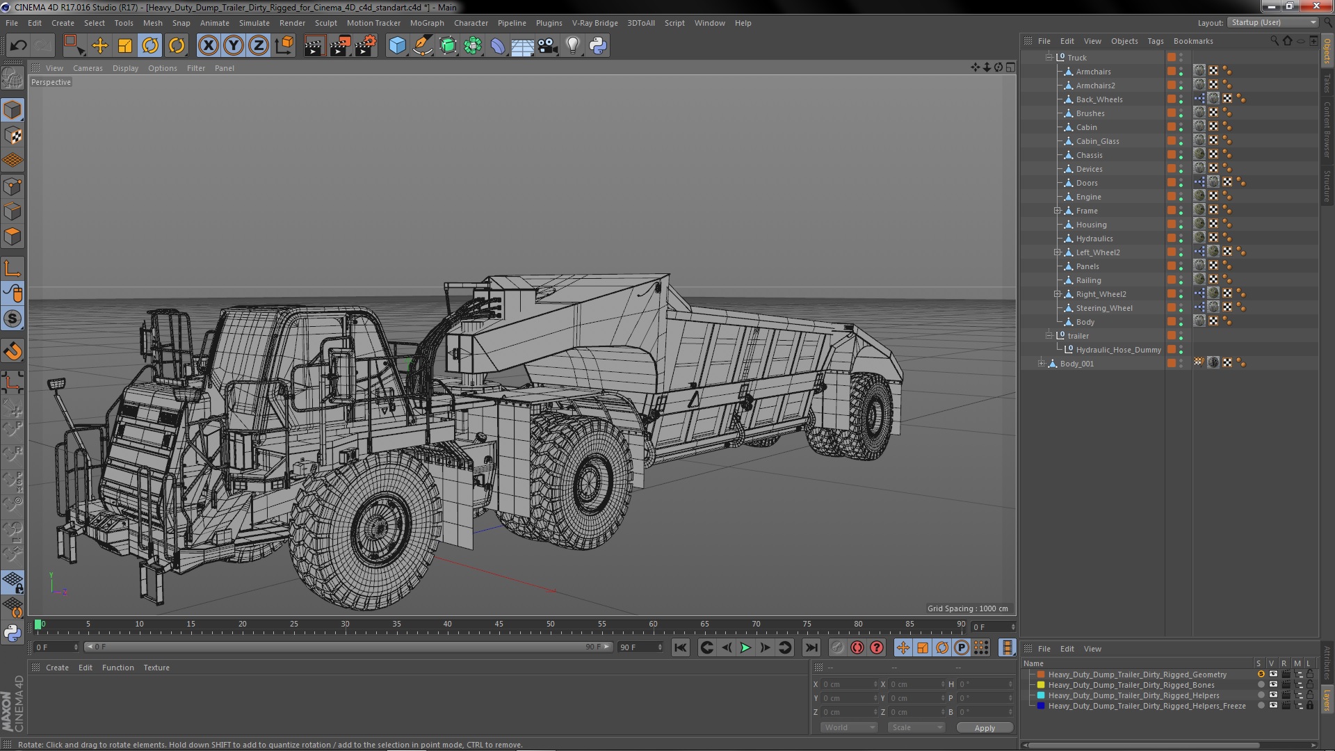 3D model Heavy Duty Dump Trailer Dirty Rigged for Cinema 4D