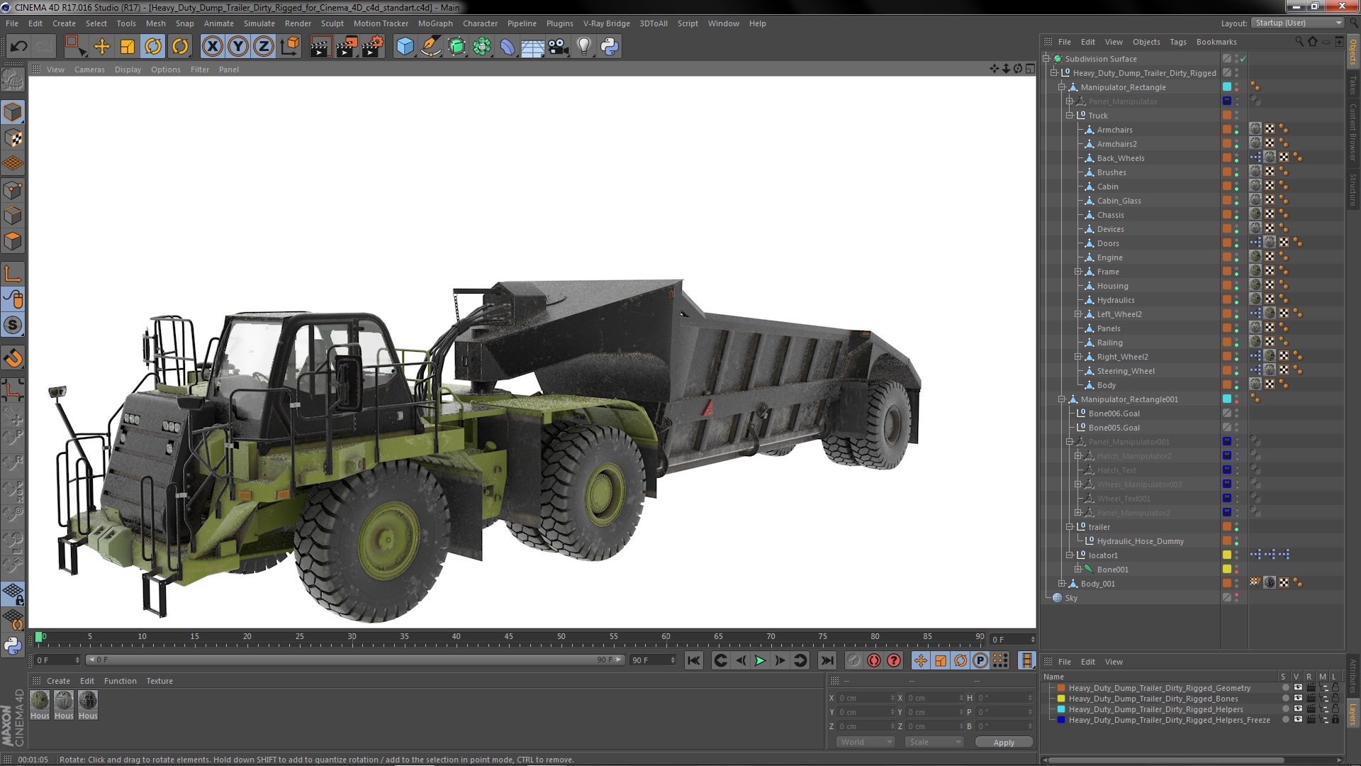 3D model Heavy Duty Dump Trailer Dirty Rigged for Cinema 4D