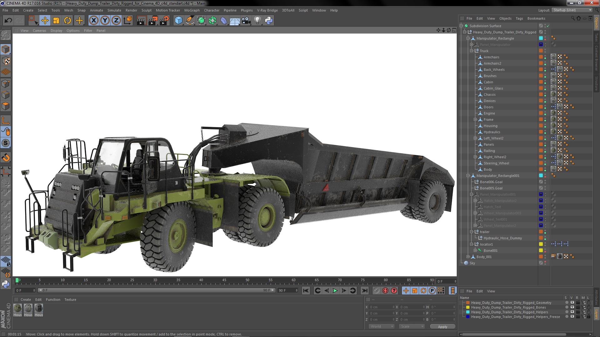3D model Heavy Duty Dump Trailer Dirty Rigged for Cinema 4D