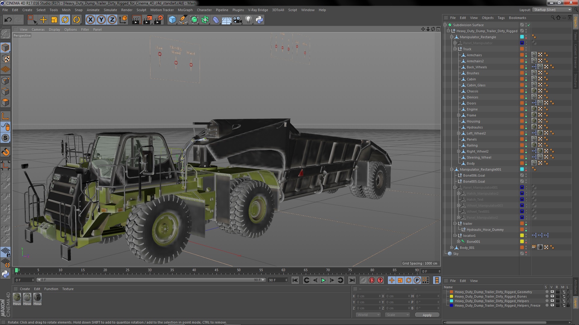 3D model Heavy Duty Dump Trailer Dirty Rigged for Cinema 4D