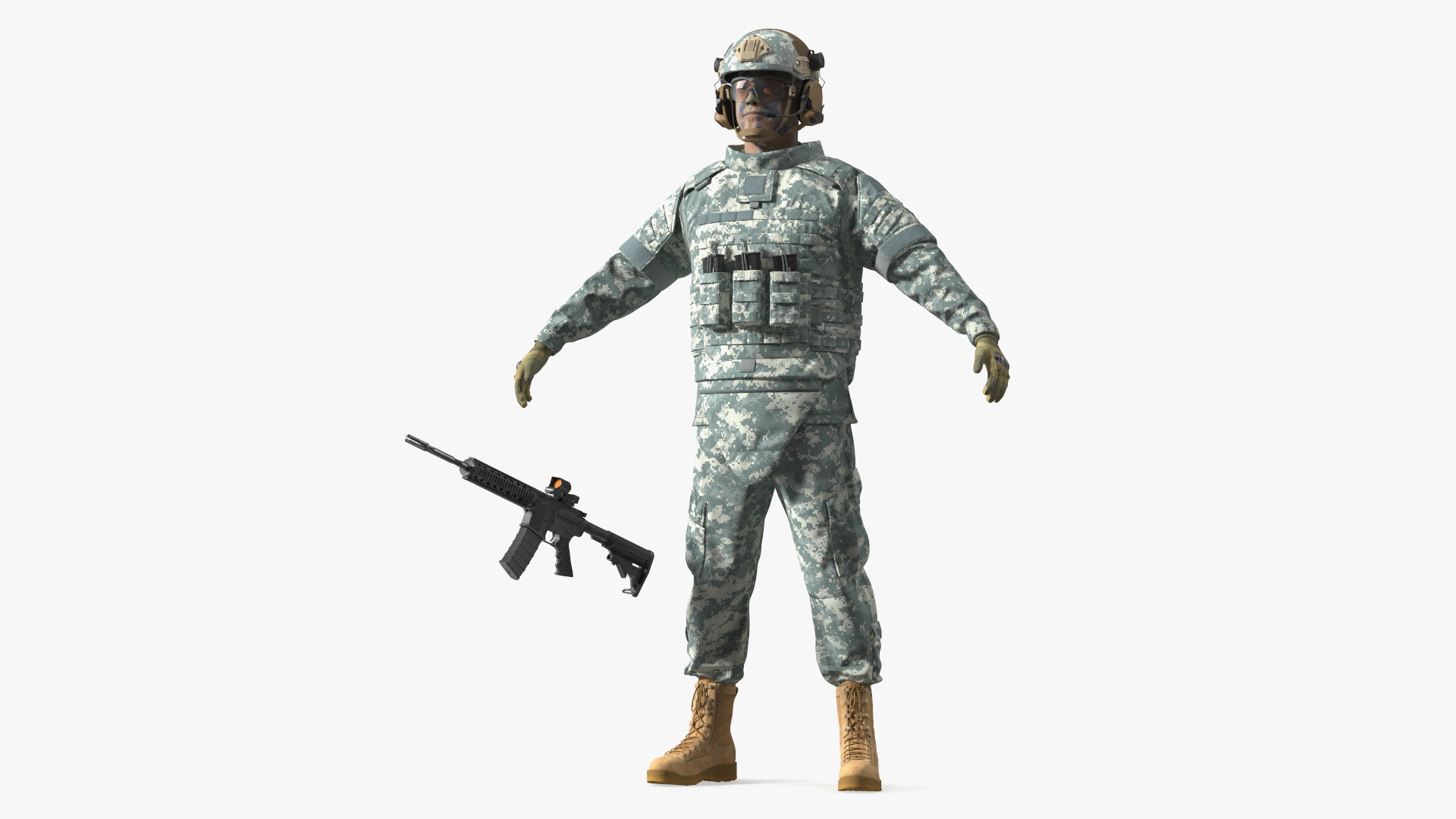 Soldier in Grey Gear and Assault Rifle A-pose Fur 3D model