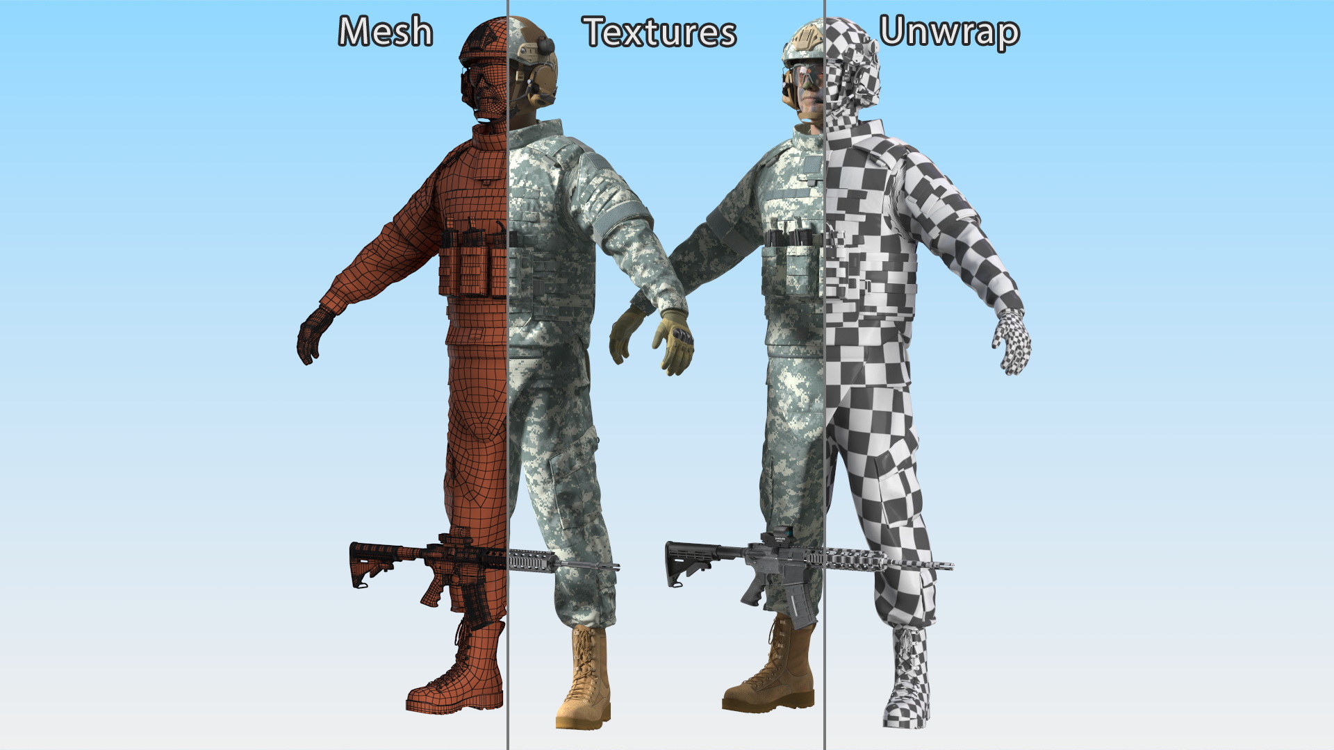 Soldier in Grey Gear and Assault Rifle A-pose Fur 3D model