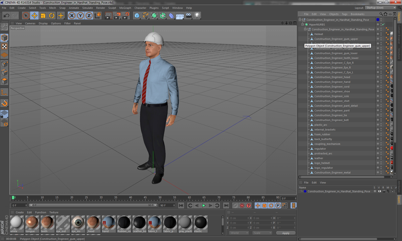 3D Construction Engineer in Hardhat Standing Pose