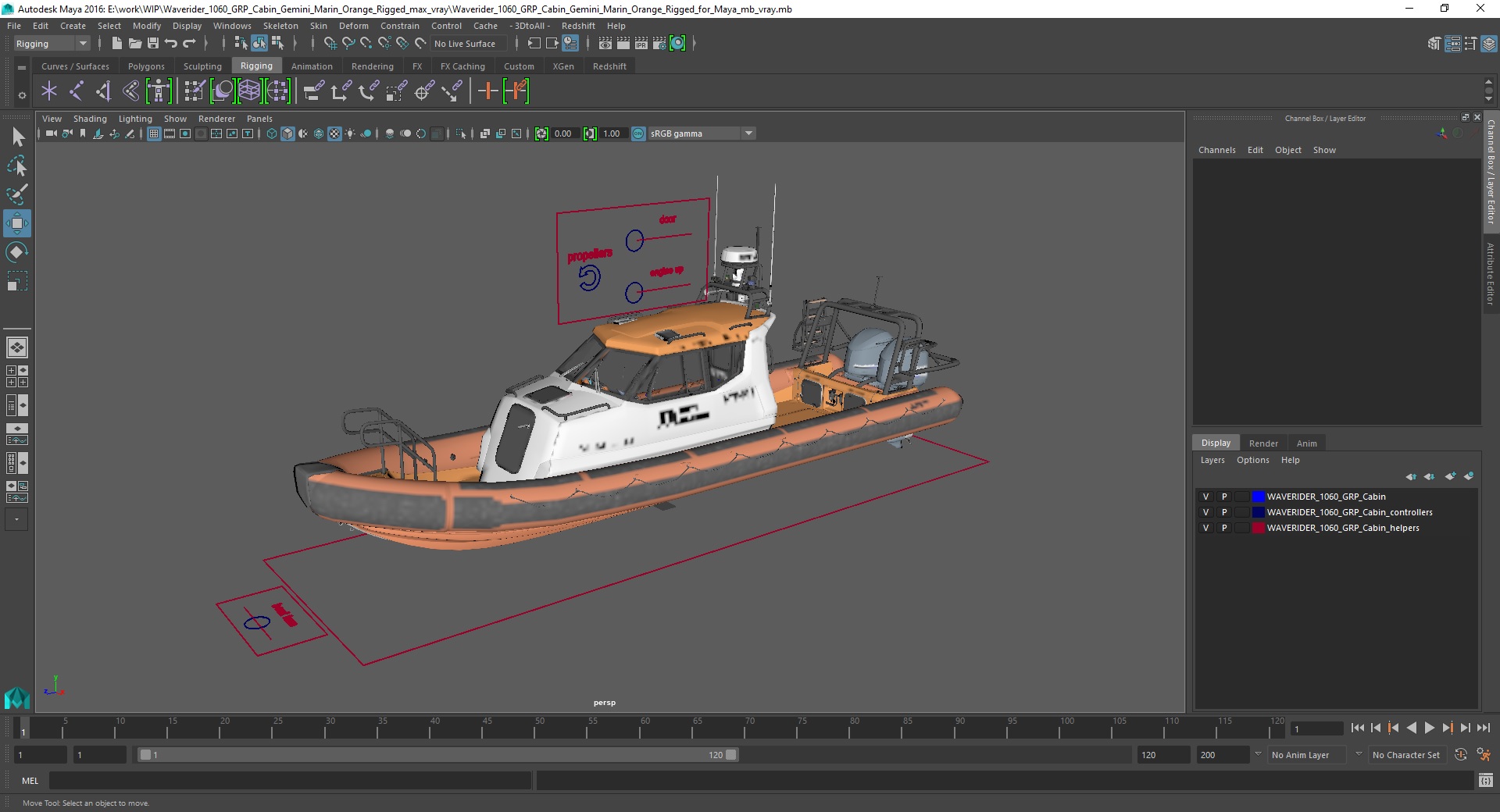 3D model Waverider 1060 GRP Cabin Gemini Marin Orange Rigged for Maya