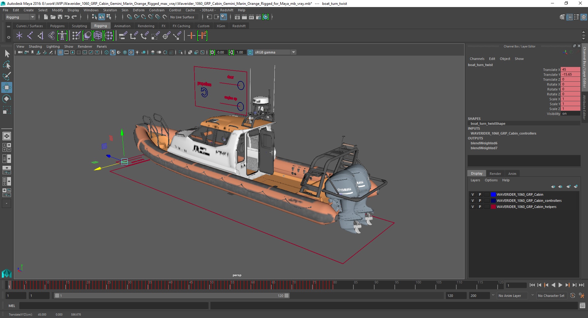 3D model Waverider 1060 GRP Cabin Gemini Marin Orange Rigged for Maya