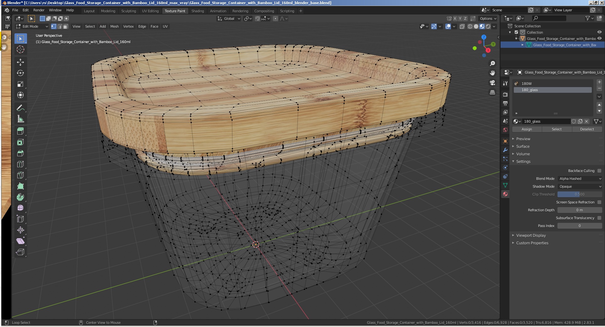 3D model Glass Food Storage Container with Bamboo Lid 160ml