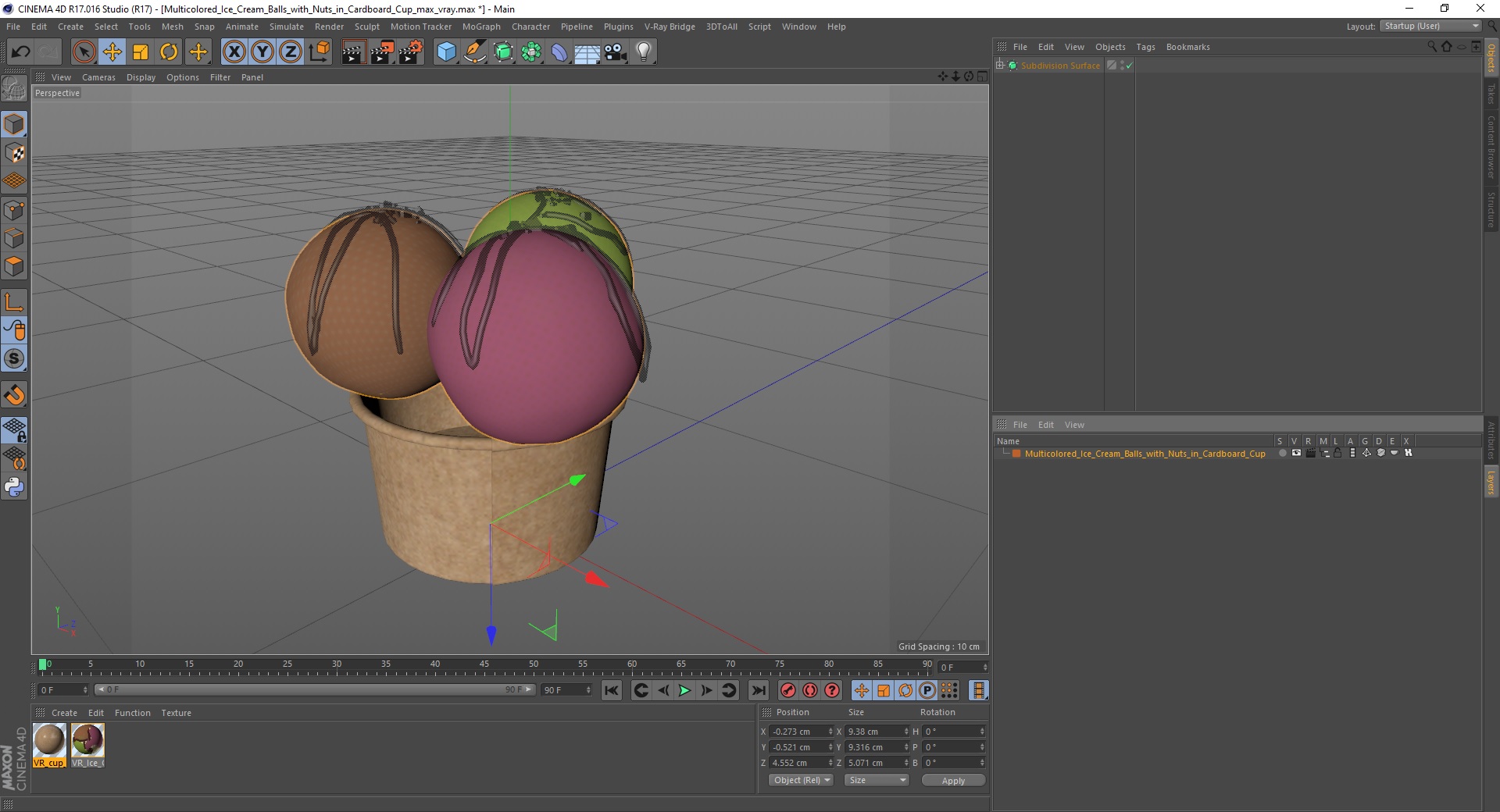 3D model Multicolored Ice Cream Balls with Nuts in Cardboard Cup