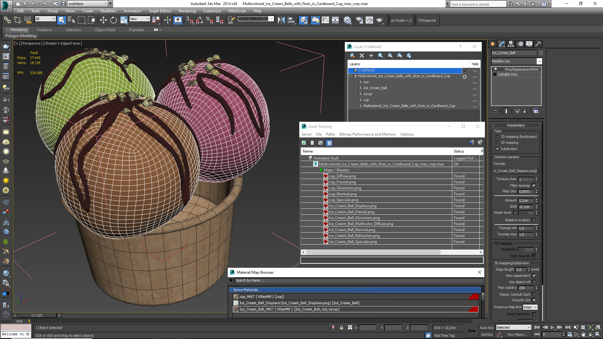 3D model Multicolored Ice Cream Balls with Nuts in Cardboard Cup